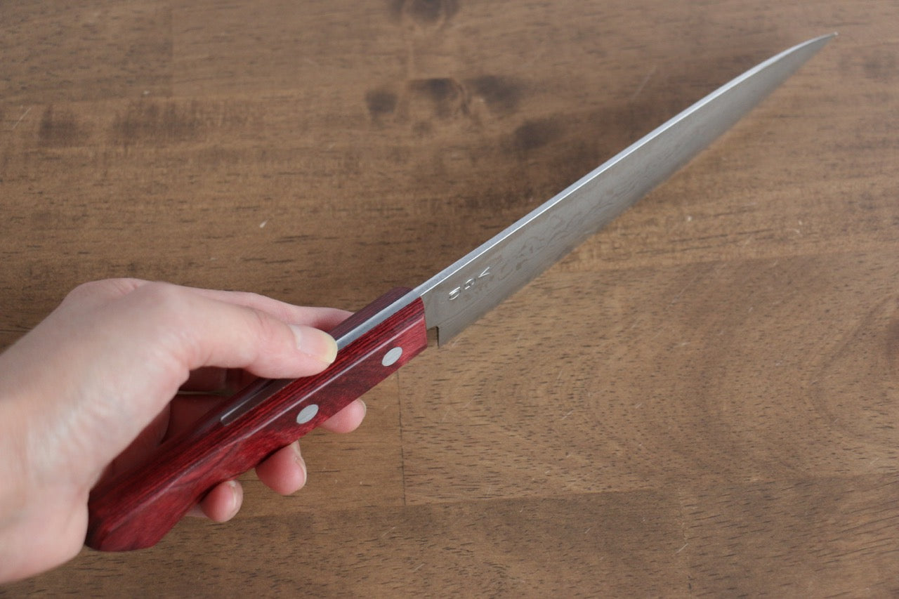 VG10 Damascus Petty Utility Knife 150mm - Japanese Kitchen Knife with Red Pakka Wood Handle - Perfect for Slicing, Peeling & Precision Cutting Fruits, Vegetables & Meat
