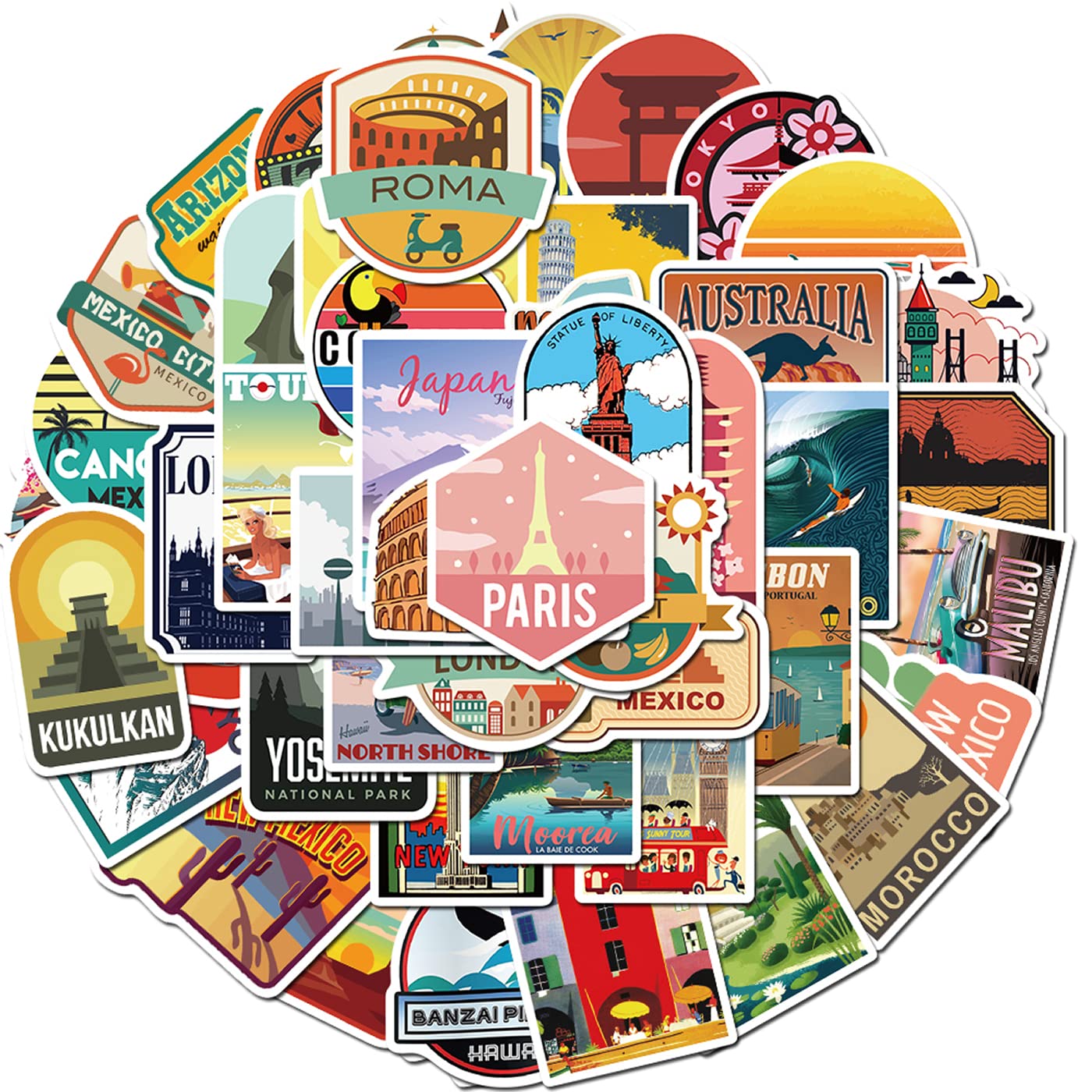 50Pcs Waterproof Vinyl Travel Stickers - Famous Landmark Decals for Water Bottles, Laptops, Luggage, Cars & More | Durable City-Themed Stickers for Travelers, Students & DIY Enthusiasts | Perfect for Scrapbooking, Journaling & Personalizing Your Belongings
