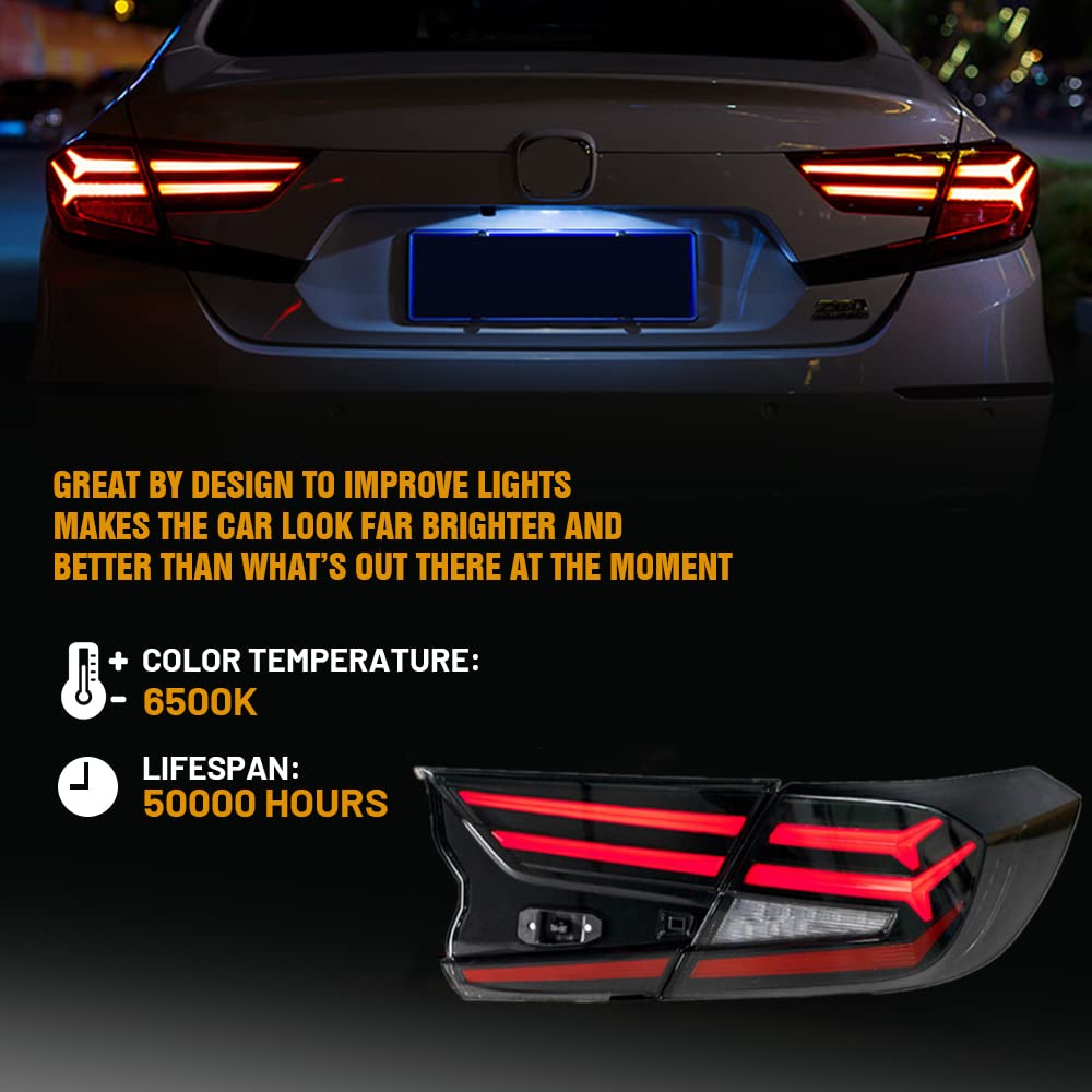 2018-2022 Honda Accord 10th Gen LED Taillights - Sequential Animation Tail Light Assembly Replacement for EX/EX-L/LX/Sport/Touring/Hybrid Models | Fishbone Design | Rear Lights Accessories | Perfect for Custom Upgrades & Nighttime Safety