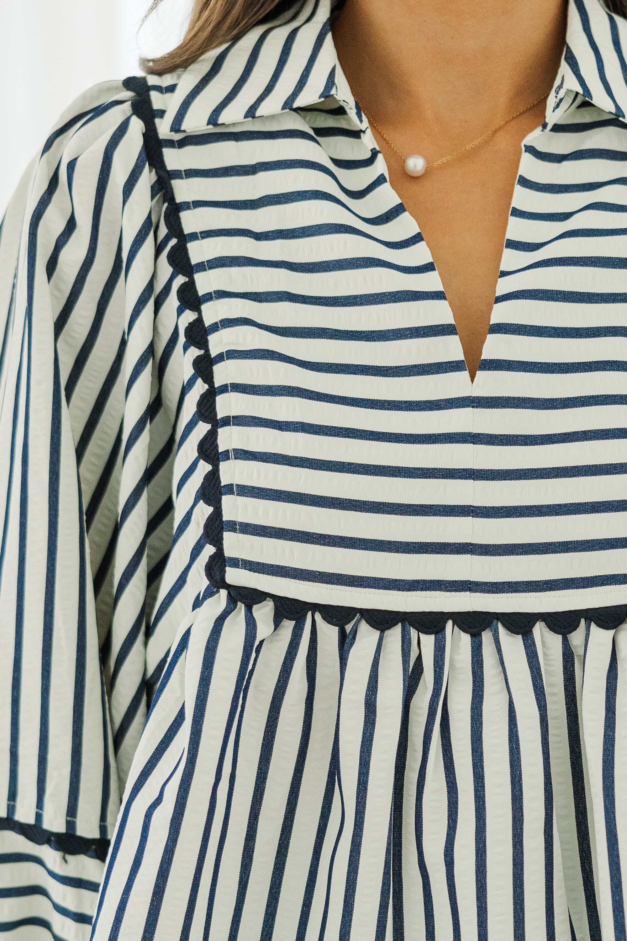 Navy Blue Striped Blouse for Women - Elegant Long Sleeve Casual Shirt - Perfect for Office, Date Night & Everyday Wear