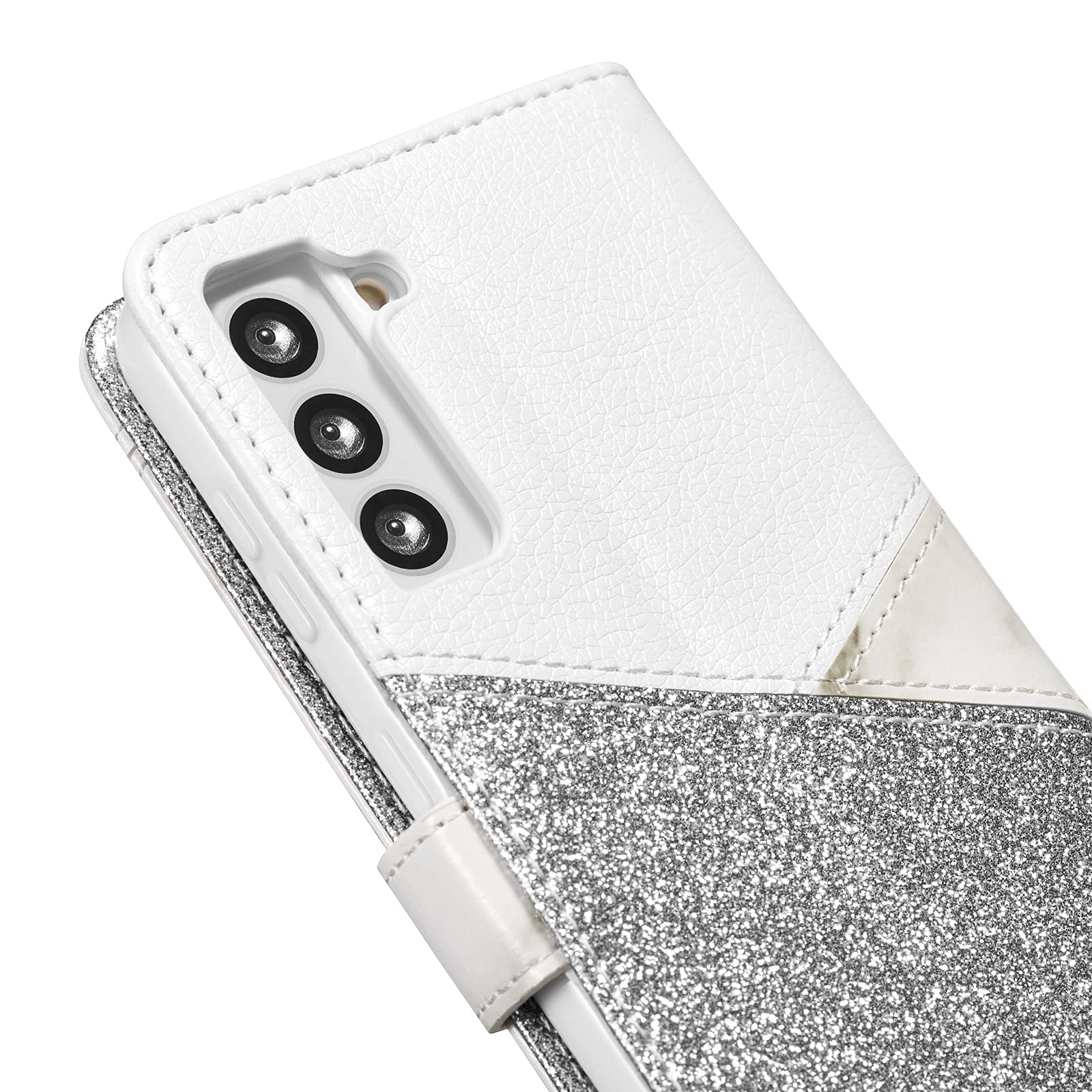 Premium Bling Glitter PU Leather Wallet Case for Samsung Galaxy S22 - Ceramic Pattern Soft TPU Folio Flip Cover with Card Slots (White) | Perfect for Everyday Use, Travel & Business Meetings