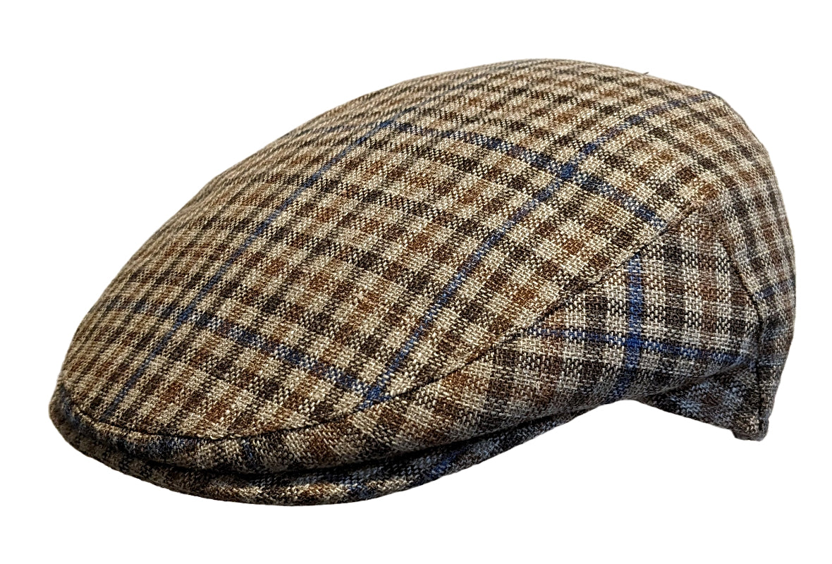 Premium Summer Flat Cap - Virgin Wool & Linen Blend Classic Check Tan Hat for Men | Lightweight Breathable Sun Protection for Outdoor Activities, Travel & Casual Wear