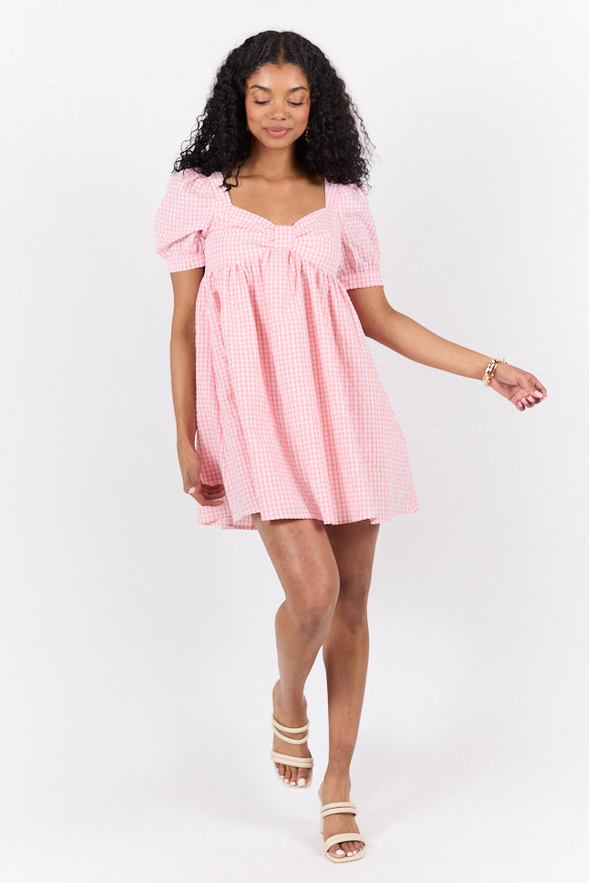 Strawberry Fields Pink Gingham Mini Dress - Floral Print Summer Dress for Women, Casual Sundress with Puff Sleeves | Perfect for Picnics, Beach Outings & Date Nights