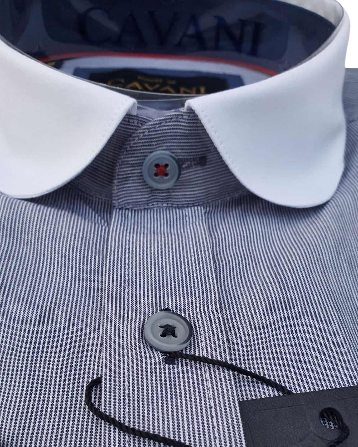 Vintage 1920s Cavani Men's Navy Striped Penny Round Collar Shirt - Retro Style Casual & Formal Wear for Parties, Weddings, and Themed Events