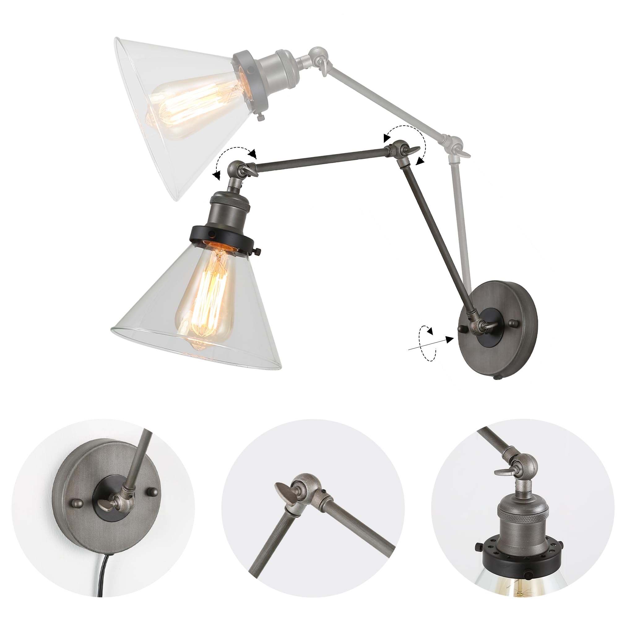 LNC Swing Arm Wall Sconce Lighting - Adjustable Plug-in Glass Lamp for Bedroom, Living Room, Reading Nook | Modern Wall Light Fixture with On/Off Switch, Perfect for Nighttime Reading and Ambient Lighting