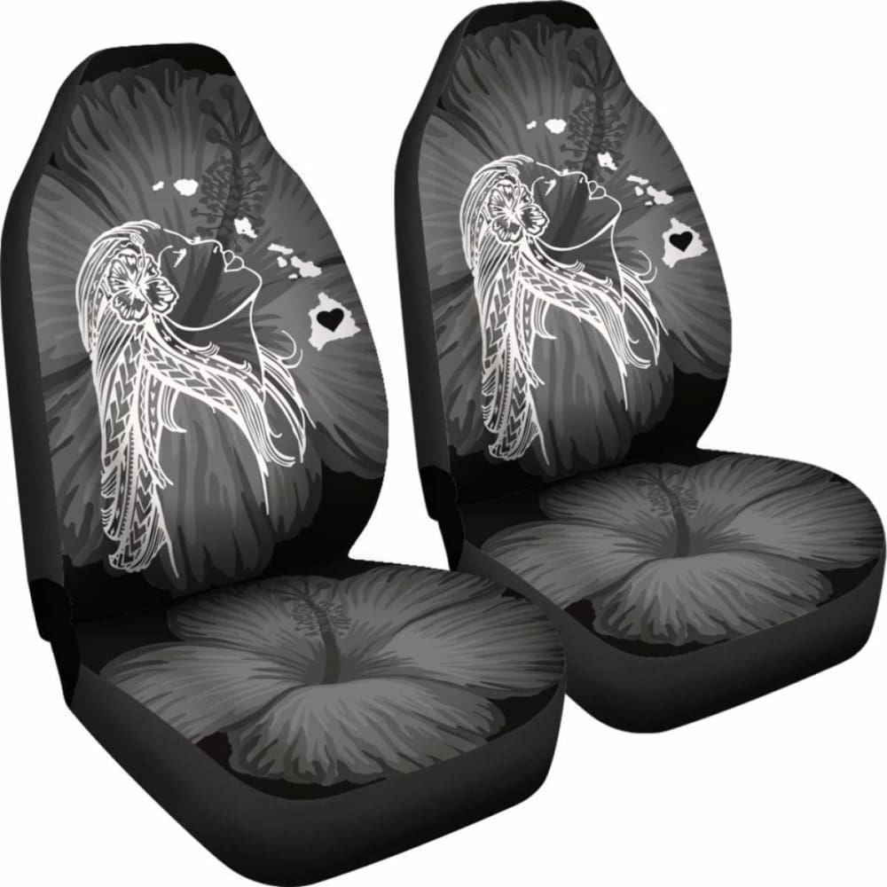 Premium Alohawaii Car Seat Covers - Hawaiian Hula Girl & Hibiscus Floral Design with Island Map Print (White) - Perfect for Beach Trips, Summer Road Travel & Tropical Themed Car Decor
