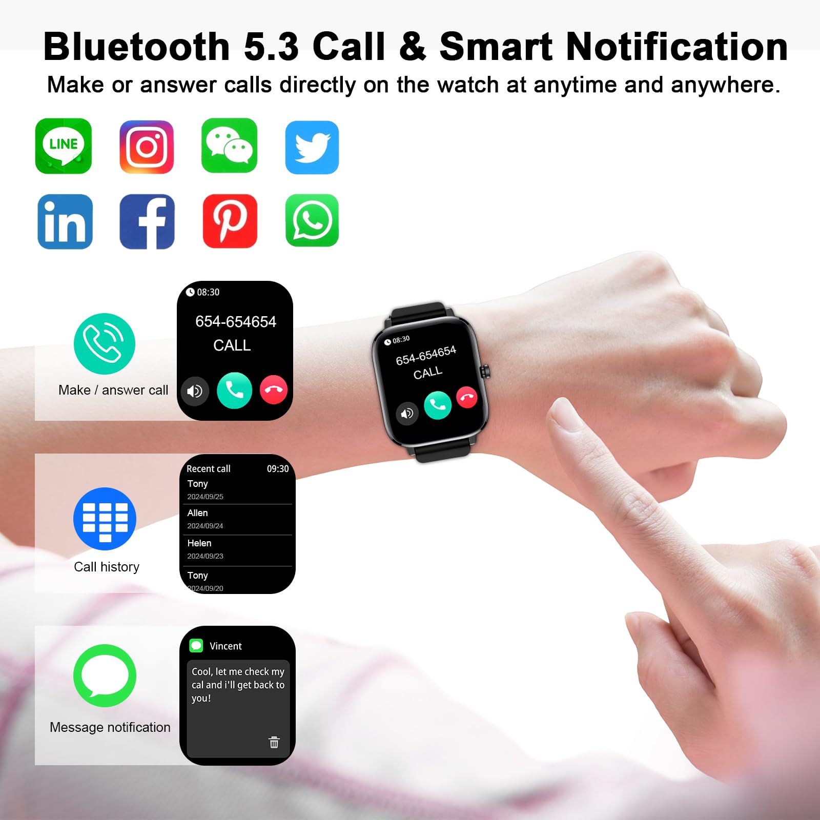Smart Watch for Android & iOS - Full Touch Screen Fitness Tracker with Heart Rate Monitor, Sleep Tracking, Step Counter & Waterproof Design - Make/Answer Calls - Perfect for Running, Swimming & Daily Use (Black)