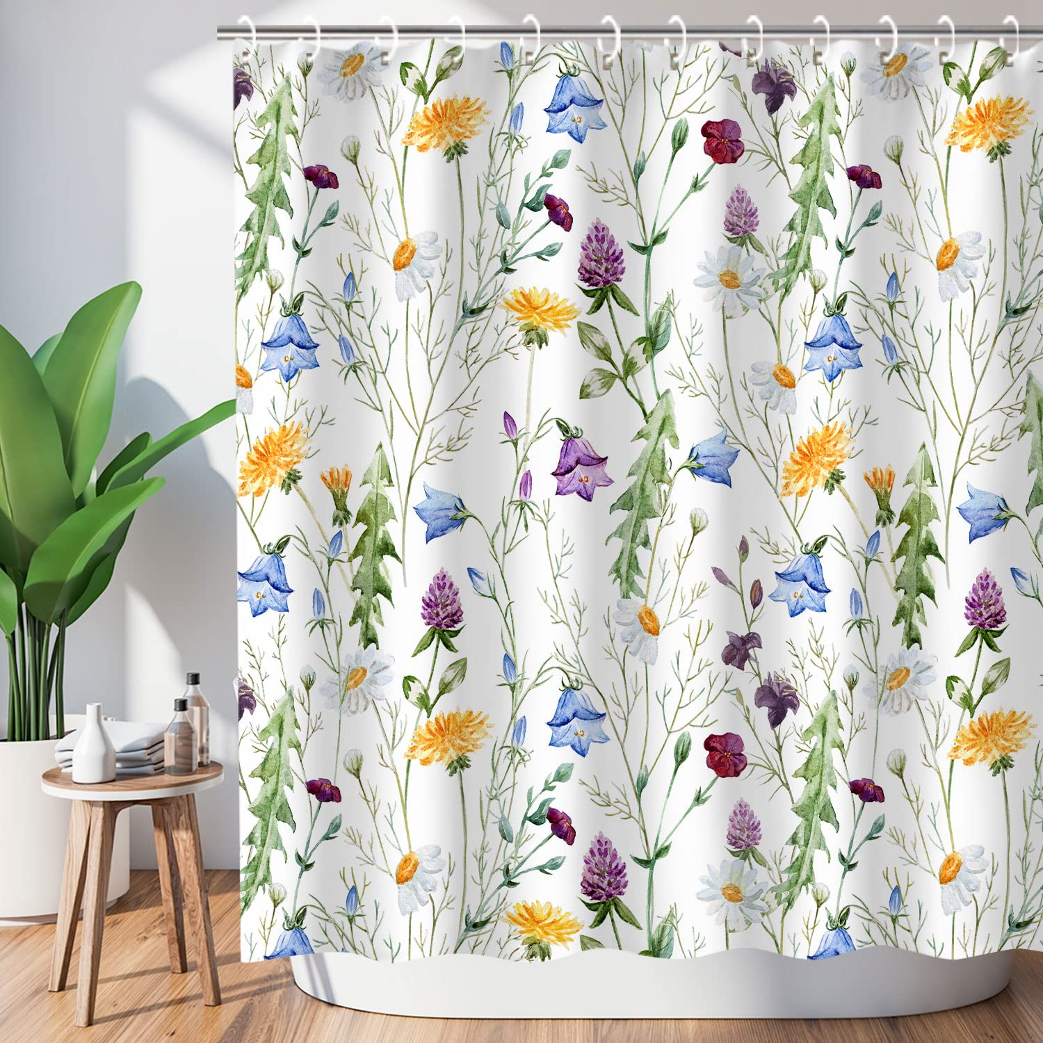 LIVILAN Floral Shower Curtain - Waterproof 72x96 Inch Bathroom Decor with Green Leaves & Colorful Wildflowers - Botanical Plant Design for Modern, Farmhouse or Cottage Style Bathrooms - Perfect for Home, Apartment & Hotel Use