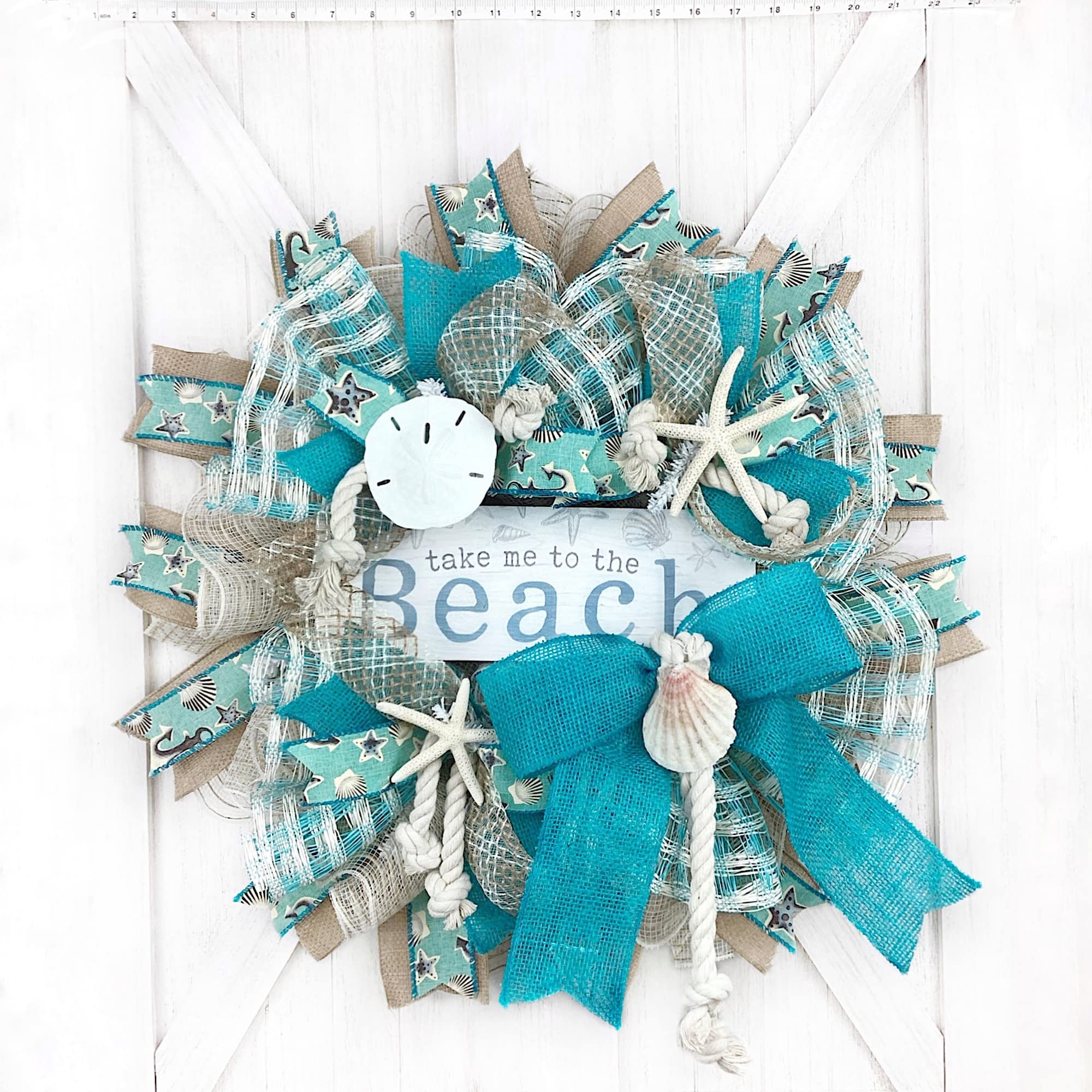 Handmade Coastal Beach Wreath with White Sand Deco Mesh, Starfish, Shells & Sand Dollars - Perfect for Porch, Door Decor & Summer Home Decorating
