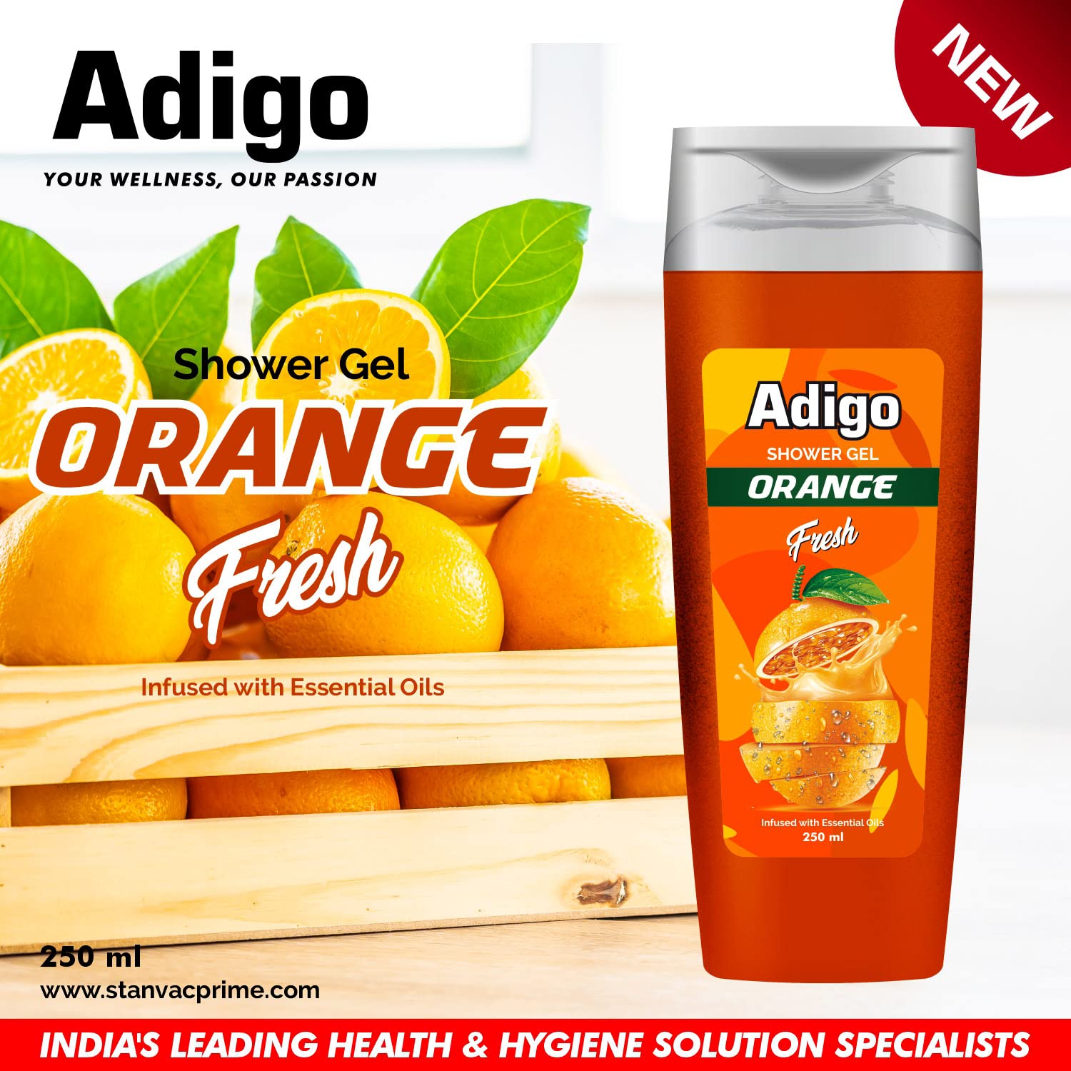 Adigo Shower Gel for Men & Women - Refreshing Orange Scent Body Wash with Essential Oils - Moisturizing & Odor Control Formula - 250ml (Pack of 3) - Perfect for Daily Shower, Gym & Travel