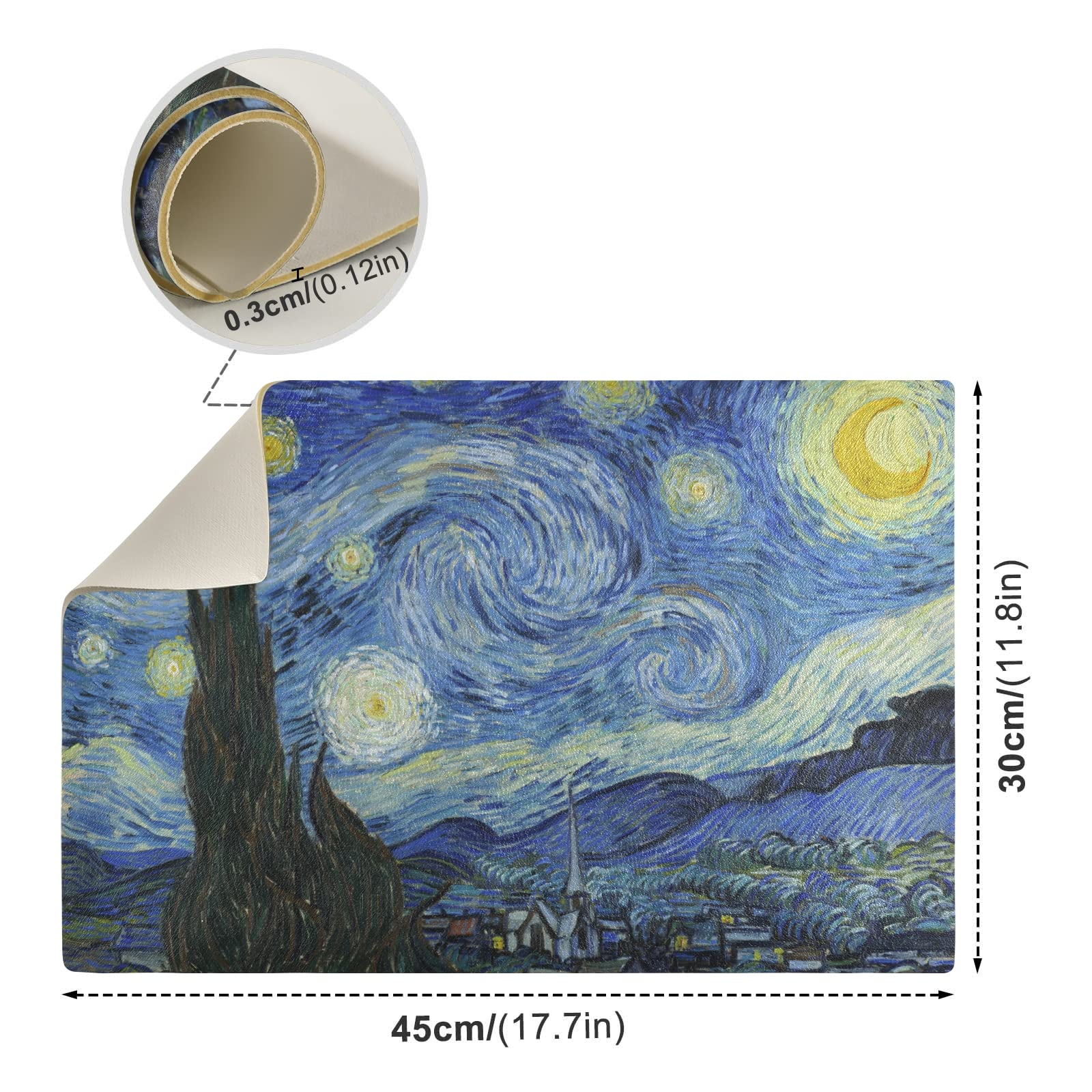 Van Gogh Starry Night Leather Coffee Mat - Absorbent, Washable 18x12 Inch Non-Slip Countertop Protector for Coffee Makers & Dishes - Perfect for Kitchen, Office, and Dining Table Use