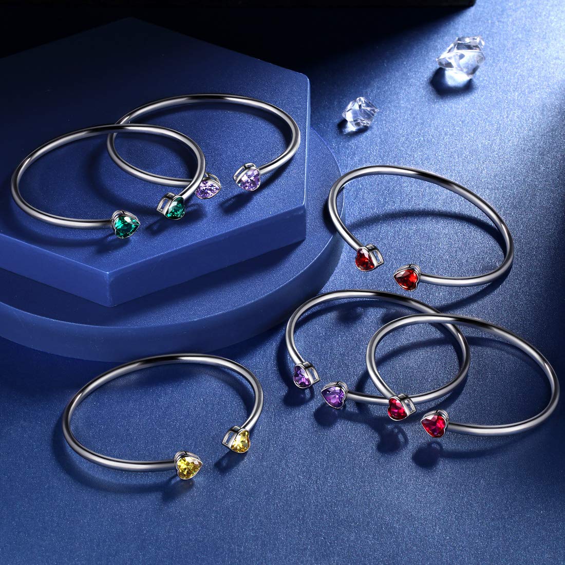 Birthstone Double Heart Adjustable Bracelet - Silver Plated Open Bangle with Personalized Birth Stones | Meaningful Birthday Gift for Women & Girls | Perfect for Anniversaries, Mother's Day & Special Occasions