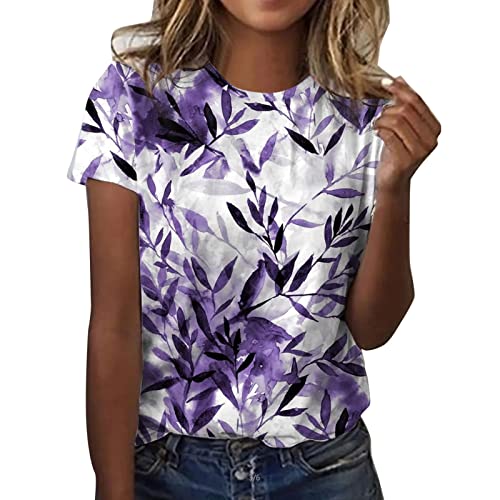 Women's Casual Summer Short Sleeve T-Shirt with Tie & Leaf Print - O-Neck Tank Top for Daily Wear, Work, and Outdoor Activities