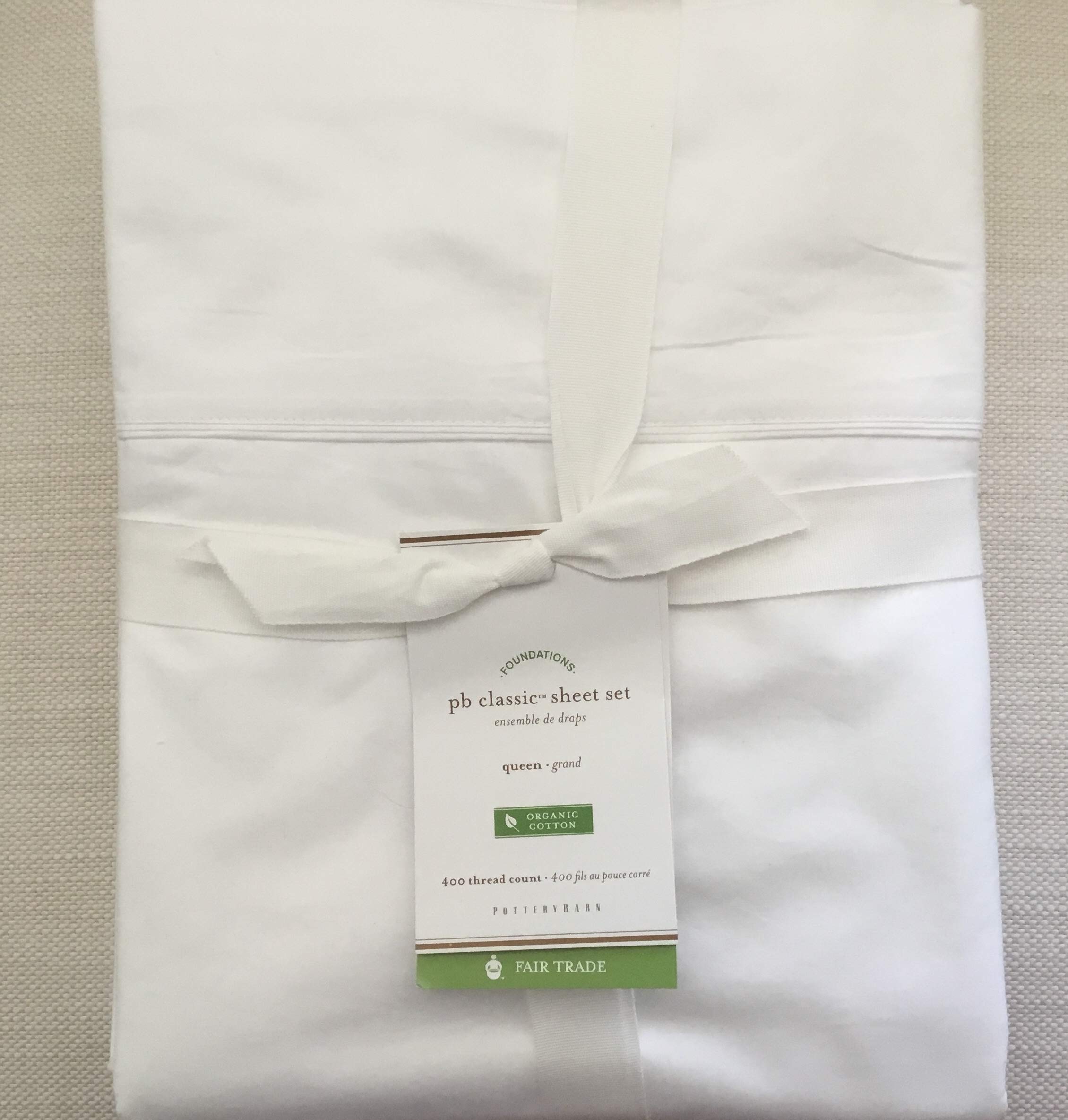 Pottery Barn Classic 400 Thread Count Organic Percale Sheet Set - Queen Size, White - Luxury Bedding for Comfortable Sleep & Hotel-Style Bedroom Decor