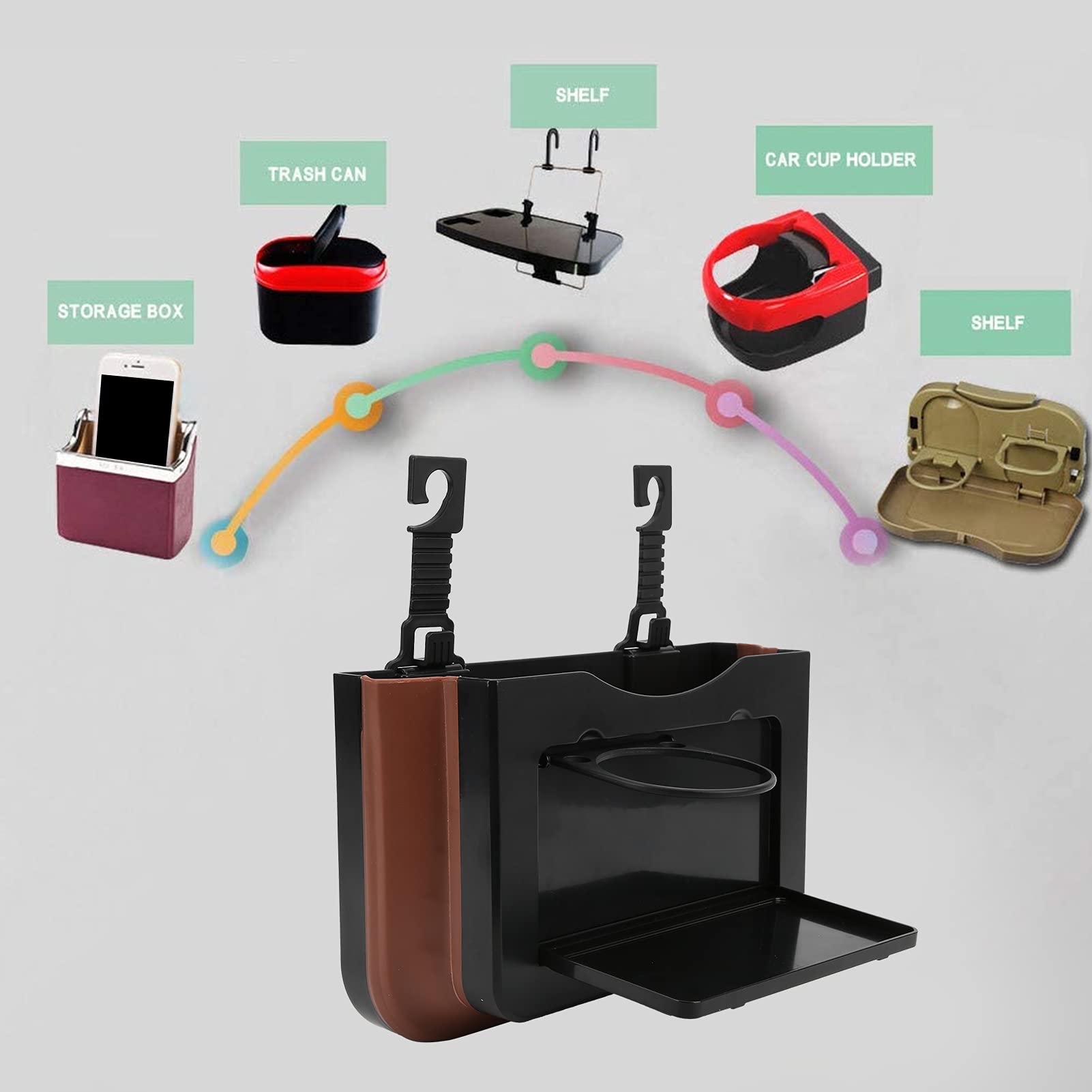 Universal Foldable Car Seat Back Organizer - Hanging Storage Box for Drinks, Phone & Documents | Black-Brown Car Interior Accessory | Perfect for Road Trips, Commuting & Family Travel
