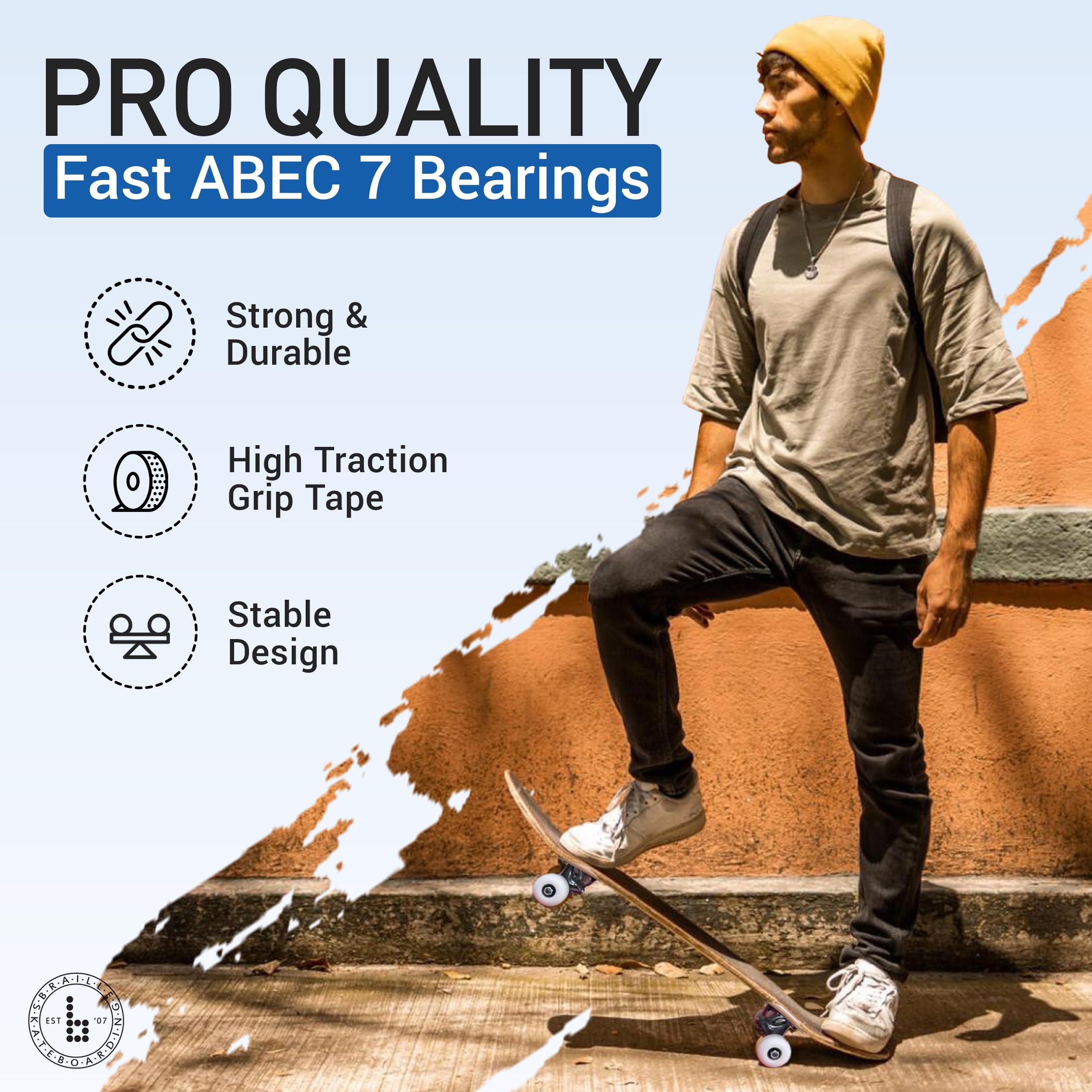 Braille Complete Skateboard for Adults & Kids - 31.5 Inch Pro Skateboard for Tricks & Street Riding | Perfect for Teens, Boys & Girls | Durable Standard Skate Board for Commuting & Skate Parks