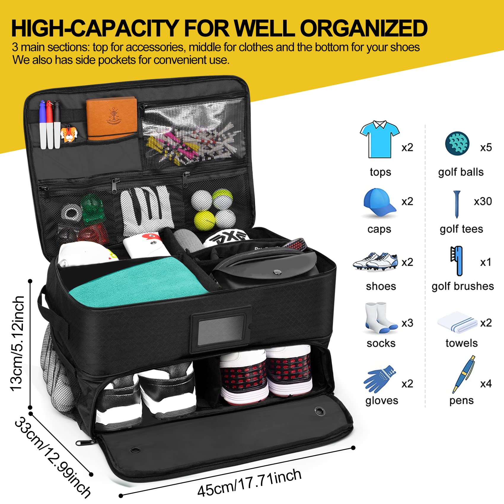 2 Layer Golf Trunk Organizer for SUV - Car Golf Storage with Ventilated Shoe Compartment for Shoes, Balls, Tees & Accessories - Perfect Golf Gifts for Men - Ideal for Travel & Tournament Use