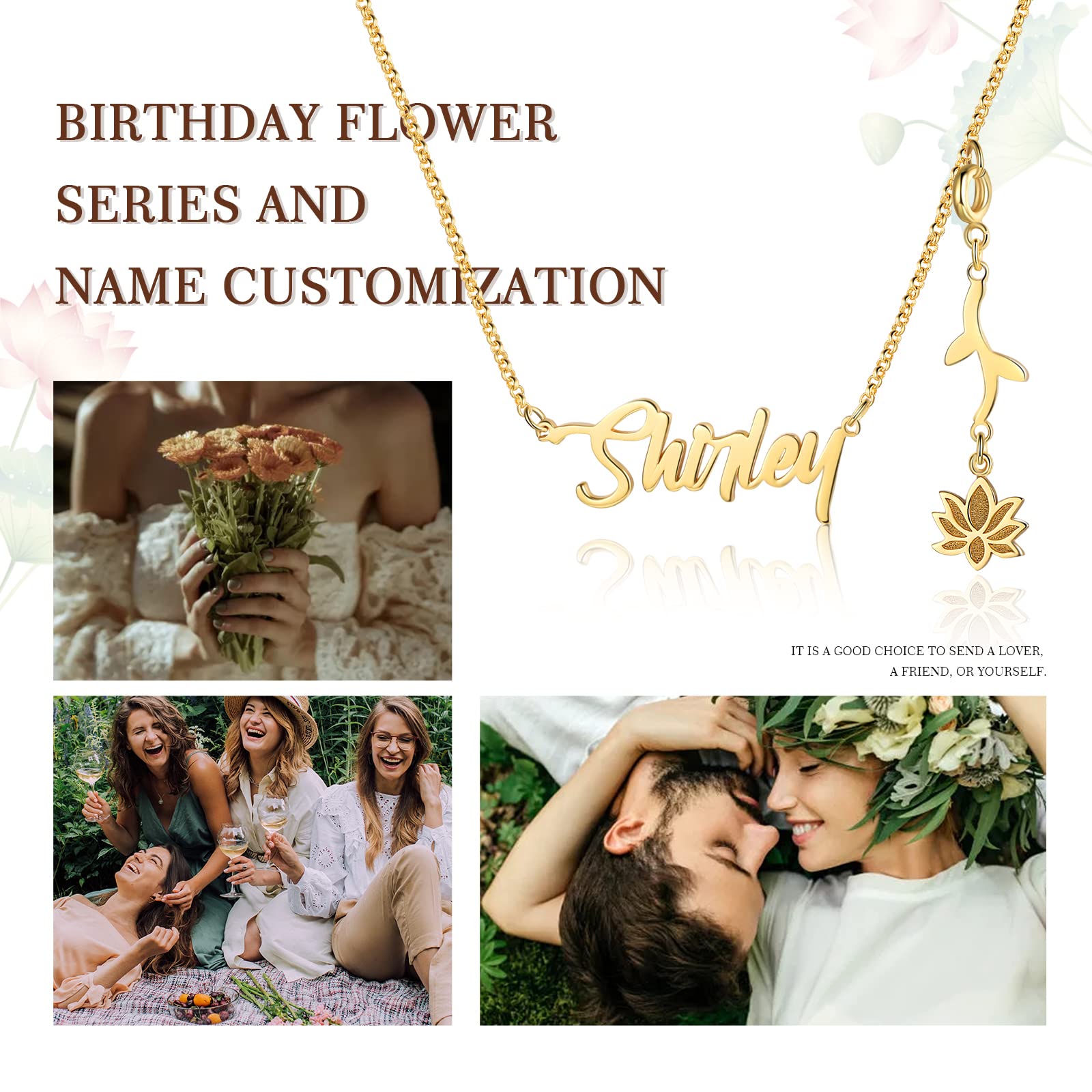 Custom Birth Flower Name Necklace for Women - Personalized 925 Sterling Silver & Gold Name Plate Necklace with Dainty Birth Month Flower - Unique Birthday Gift for Her, Perfect for Anniversaries, Valentine's Day & Mother's Day Gifts