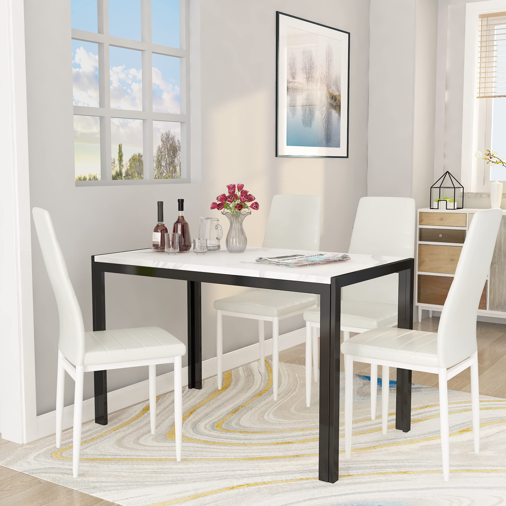 DKLGG 5-Piece Modern Dining Table Set for 4 - Faux Marble Kitchen Table with 4 Chairs, Space-Saving Home Furniture for Small Spaces | Perfect for Apartments, Breakfast Nooks & Cozy Family Dinners