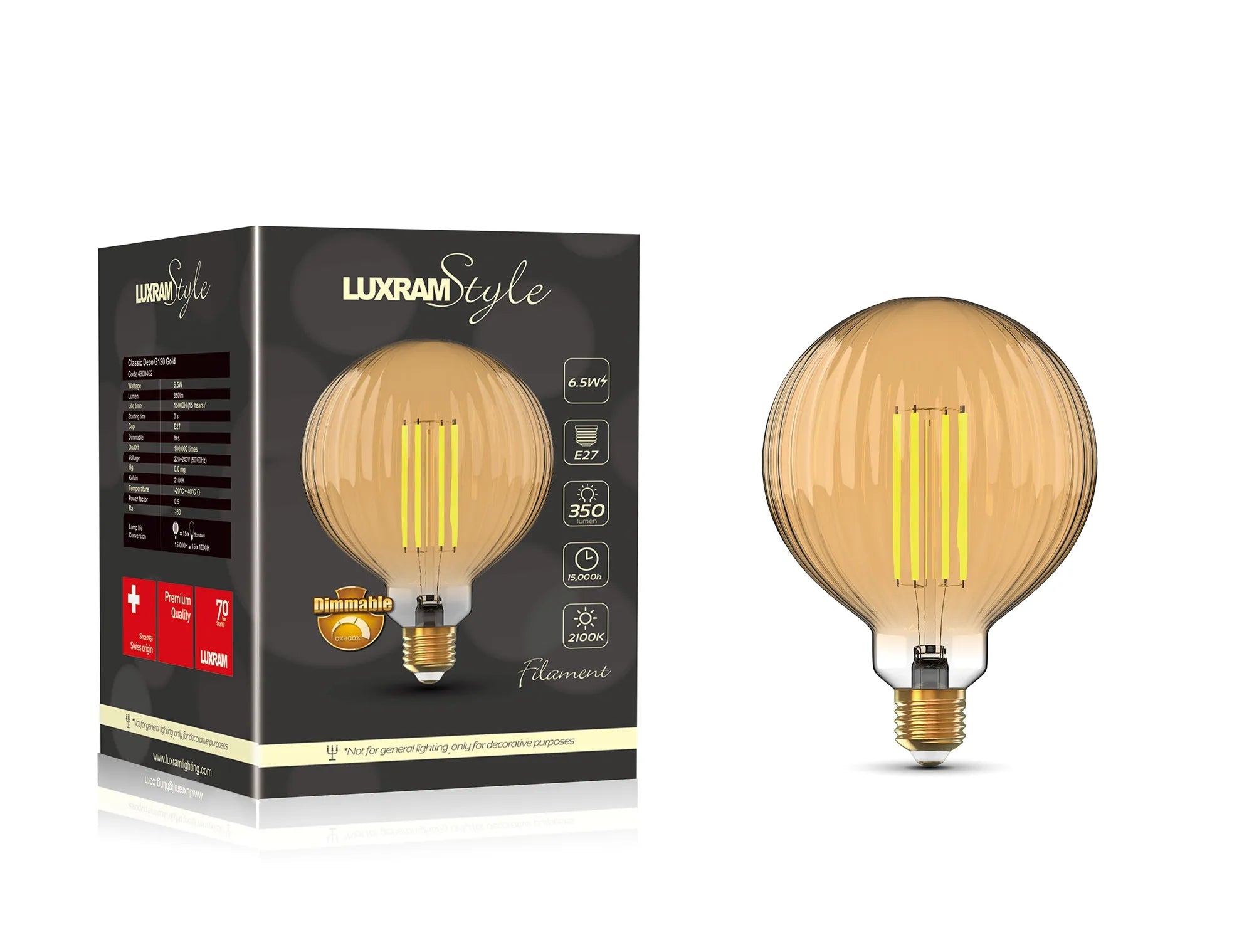 Classic Style LED Globe Light Bulb 120mm E27 Dimmable 6.5W 2100K Extra Warm White 400lm 3 Years Warranty - Perfect for Bedroom, Living Room, Restaurant and Cafe Ambient Lighting