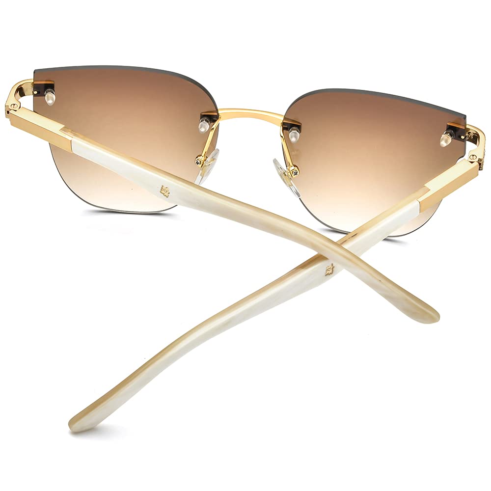 100% Real Buffalo Horn Handmade Women's Square Rimless Luxury Sunglasses with Diamonds - Fashion UV Protection Eyewear for Outdoor, Beach & Driving