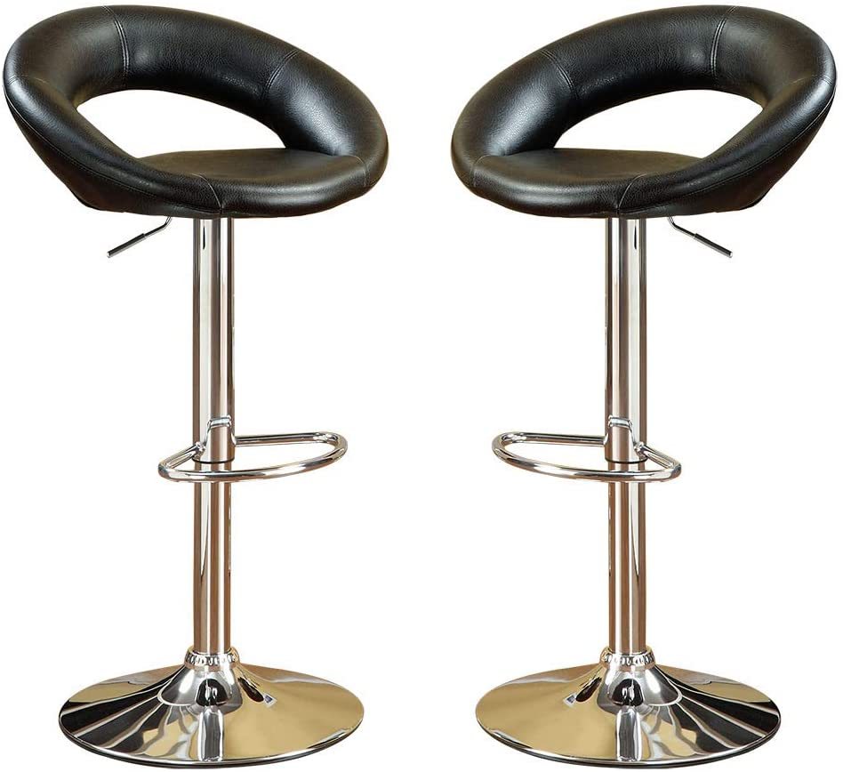 Black Faux Leather Adjustable Height Swivel Stool Set of 2 - Chrome Base PVC Dining Chairs for Kitchen Island, Bar Counter & Home Office