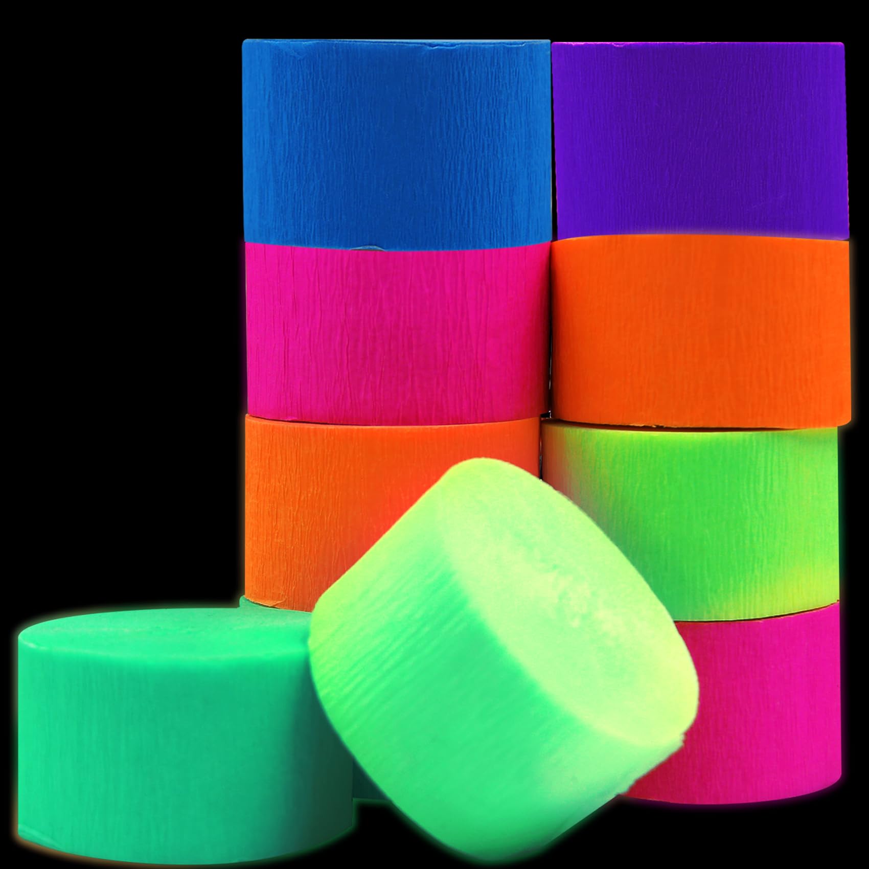 1200ft Neon Glow in The Dark Blacklight Reactive Fluorescent Crepe Paper Streamers - UV Party Decorations for Halloween, Rave, Birthday & Glow Parties - Perfect for Nightclubs, Dance Floors & Themed Events