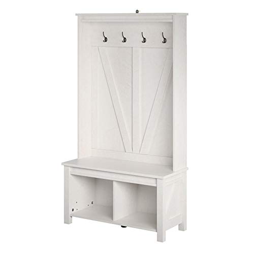 BOWERY HILL Farmhouse Entryway Hall Tree Bench in Ivory Oak - Rustic Wooden Storage Bench with Hooks & Shelf for Entryway, Mudroom or Bedroom Organization