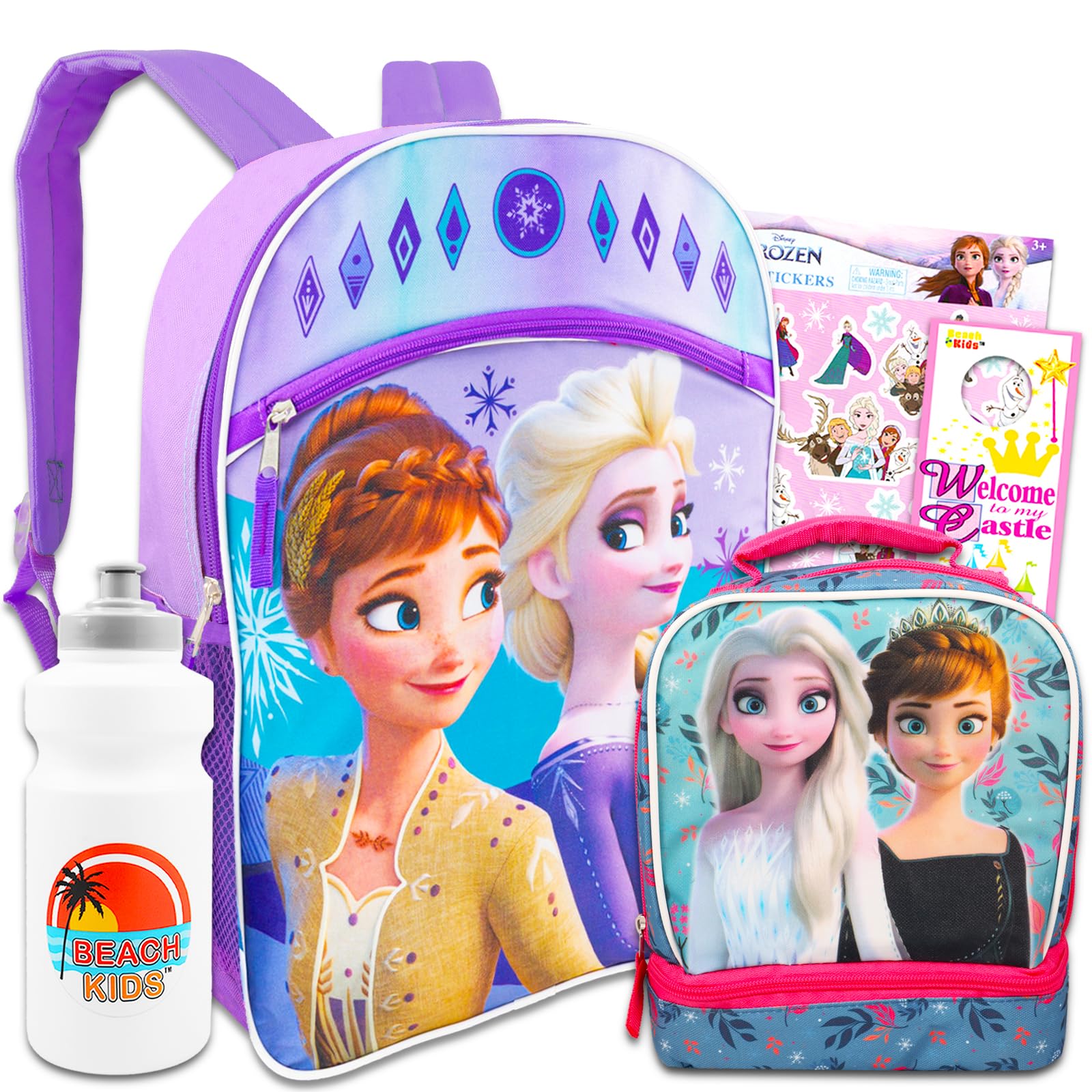 Disney Frozen Backpack Set for Kids - Insulated Lunch Bag, Water Bottle & Stickers | School Backpack, Daycare & Travel Accessories | Official Disney Merchandise