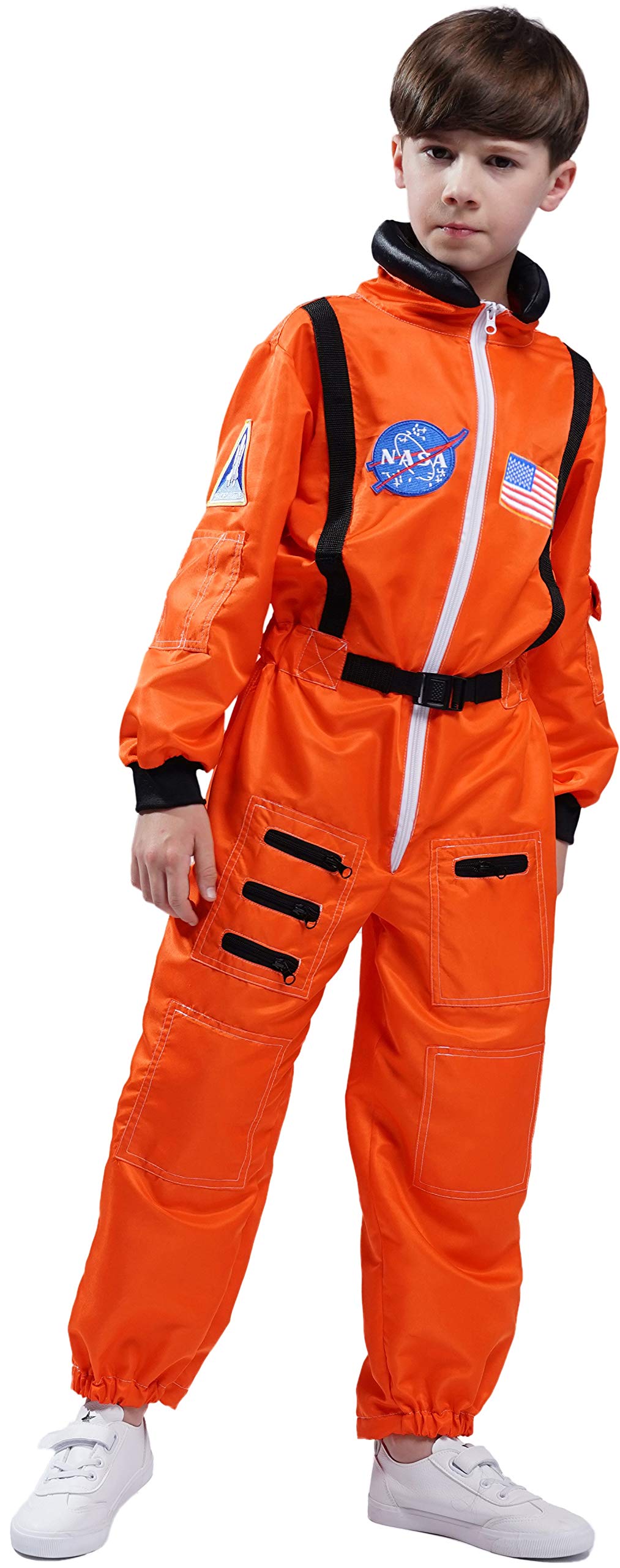 Kids Astronaut Costume Space Suit Onesie - Embroidered Patches & Pockets - Boys Toddler Dress Up (6/8, Orange) | Perfect for Halloween, Space Themed Birthday Parties & Cosplay Events