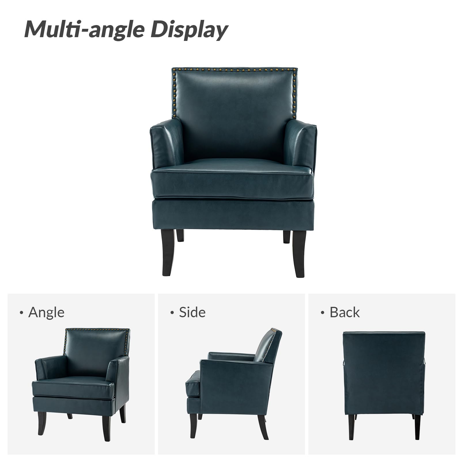 HULALA HOME Modern Faux Leather Accent Chairs Set of 2 - Upholstered Living Room Sofa Chairs with Nailhead Trim & Wooden Legs, Turquoise Blue - Perfect for Bedroom, Lounge, Office or Reading Nook