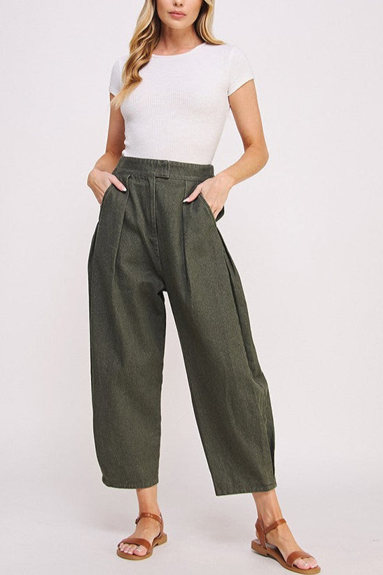 Olive Wash Barrel Leg Trousers for Women - High Waisted Wide Leg Pants | Comfortable Stretch Fabric | Perfect for Casual Wear, Office & Travel