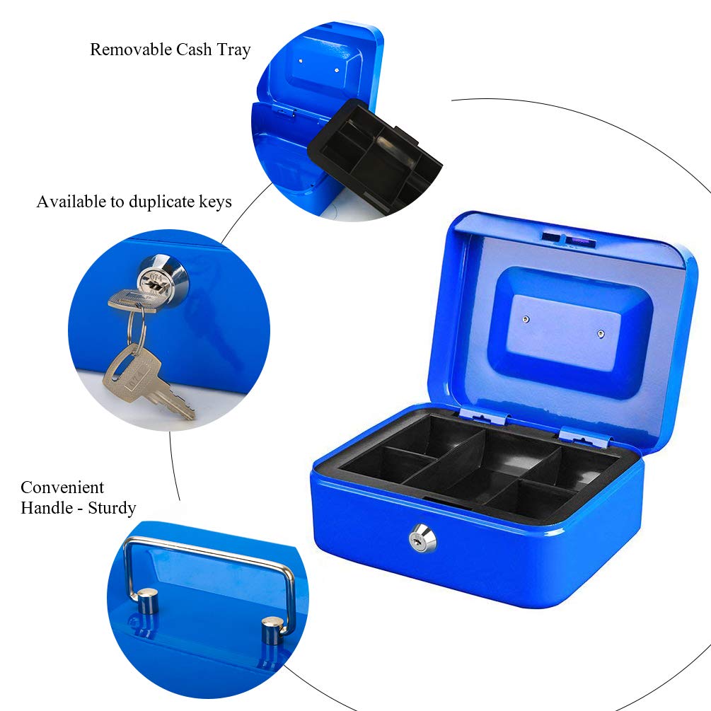Jssmst Medium Steel Cash Box with Money Tray & Secure Lock - Blue - Ideal for Small Business, Home Office, Retail Store, and Cash Management
