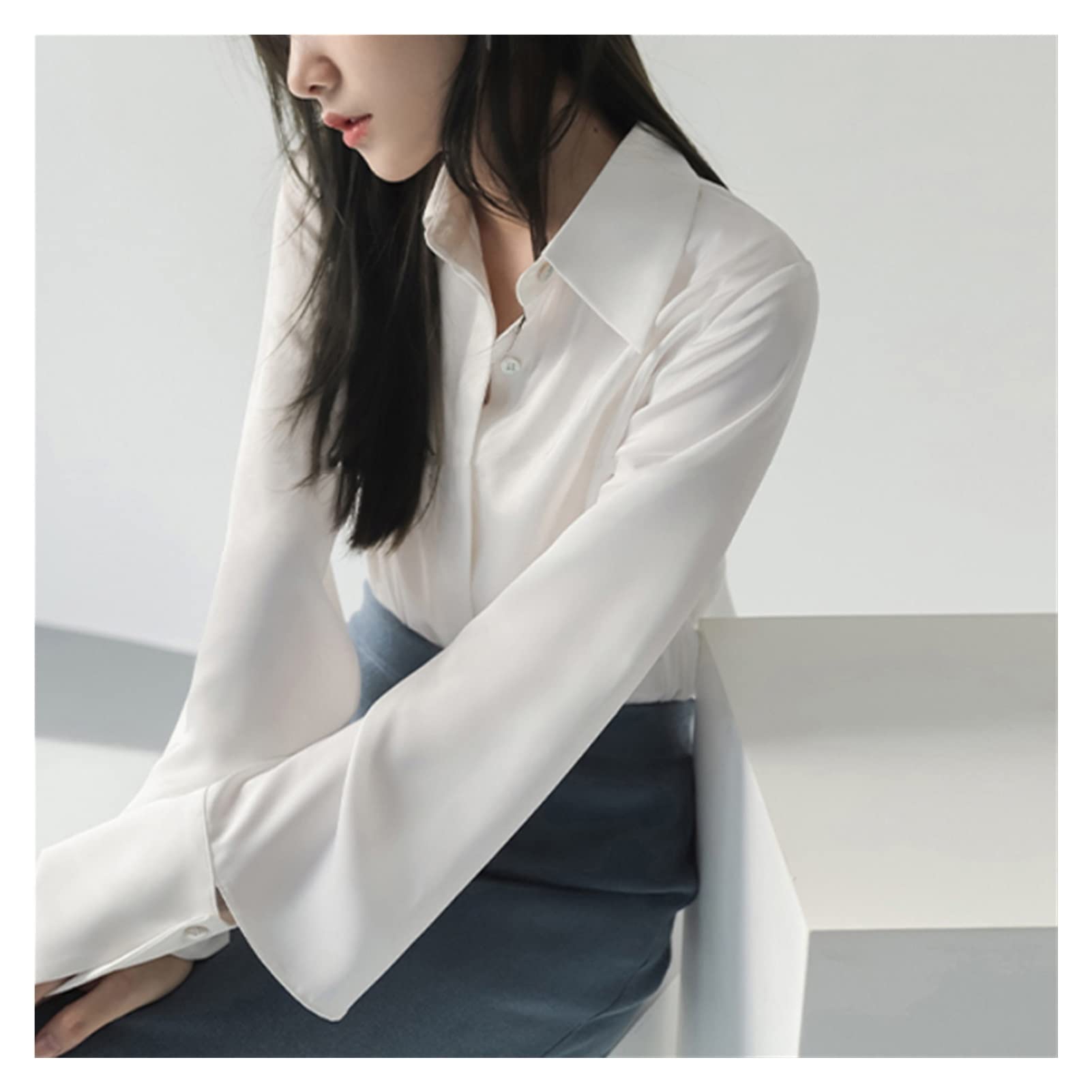 Elegant Lapel Women's Blouse - Long Sleeve Loose Fit Office Shirt for Spring & Summer | Single-Breasted Tops for Women (White, Size L) - Perfect for Business Casual, Workwear & Professional Outfits