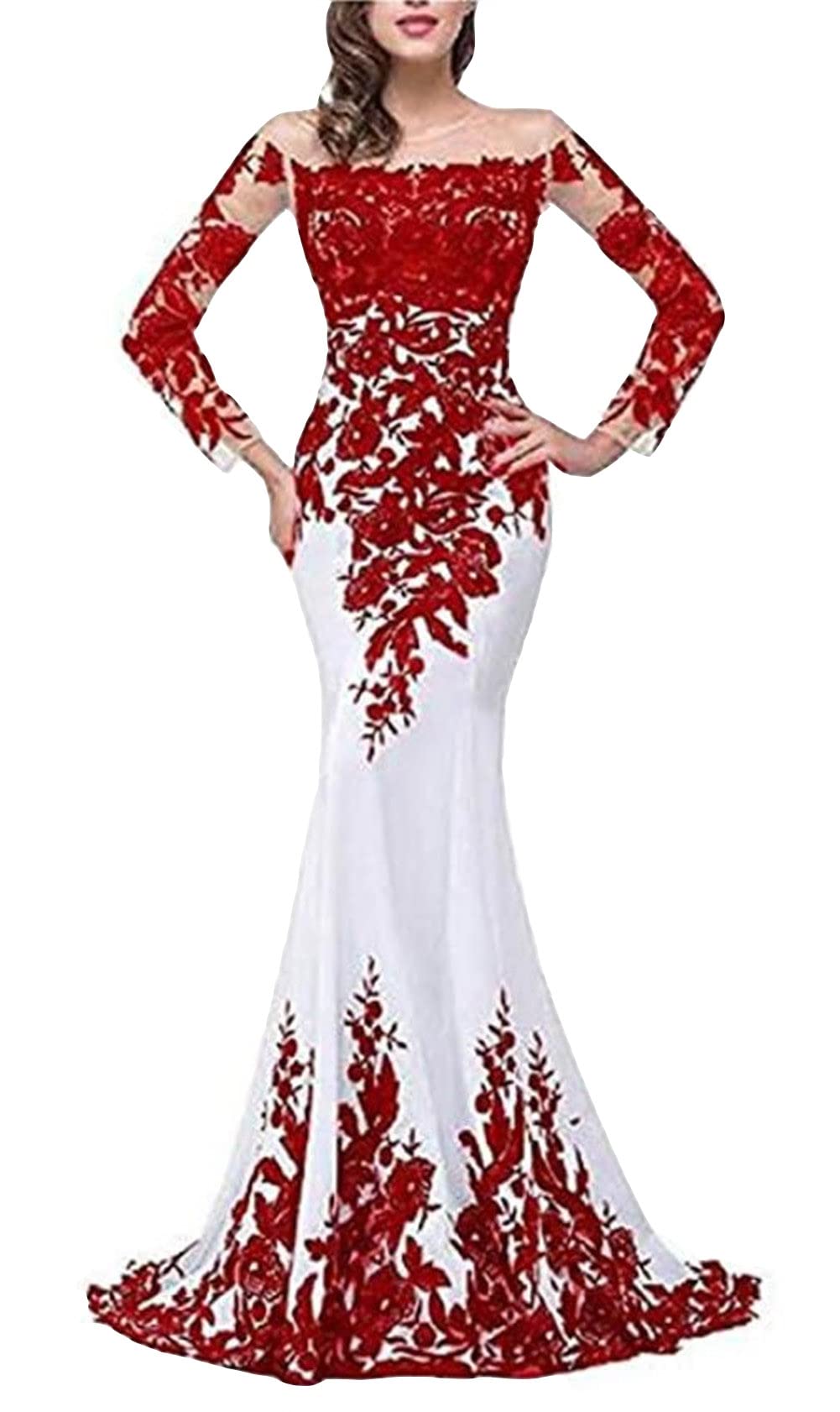Emanni Women's Elegant Long Sleeve Bateau Neck Mermaid Evening Gown with Train - Perfect for Formal Dinners, Galas & Red Carpet Events