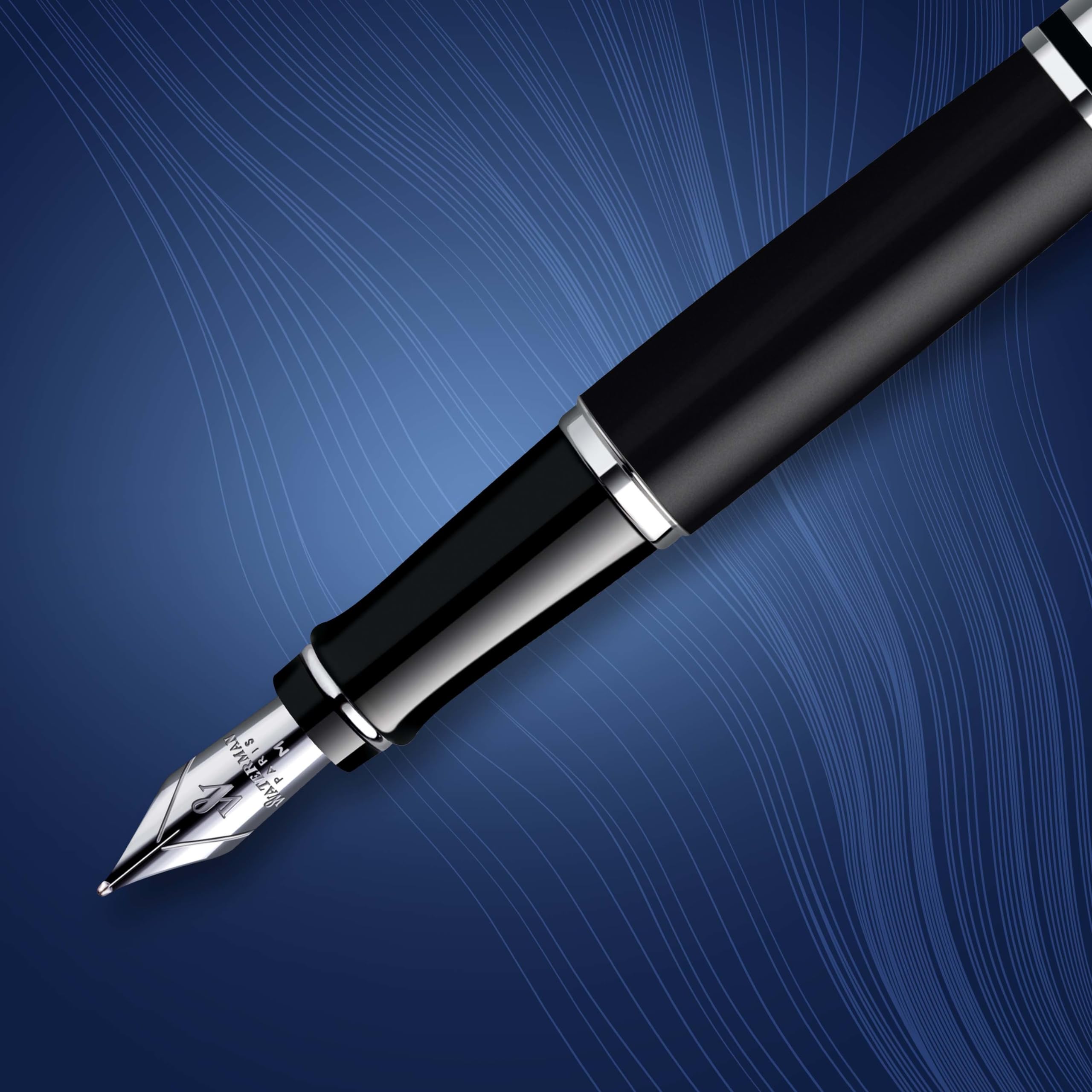 Waterman Expert Fountain Pen - Matte Black with Chrome Trim, Medium Nib & Blue Ink Cartridge - Premium Writing Instrument for Business Professionals, Calligraphy & Gift Giving