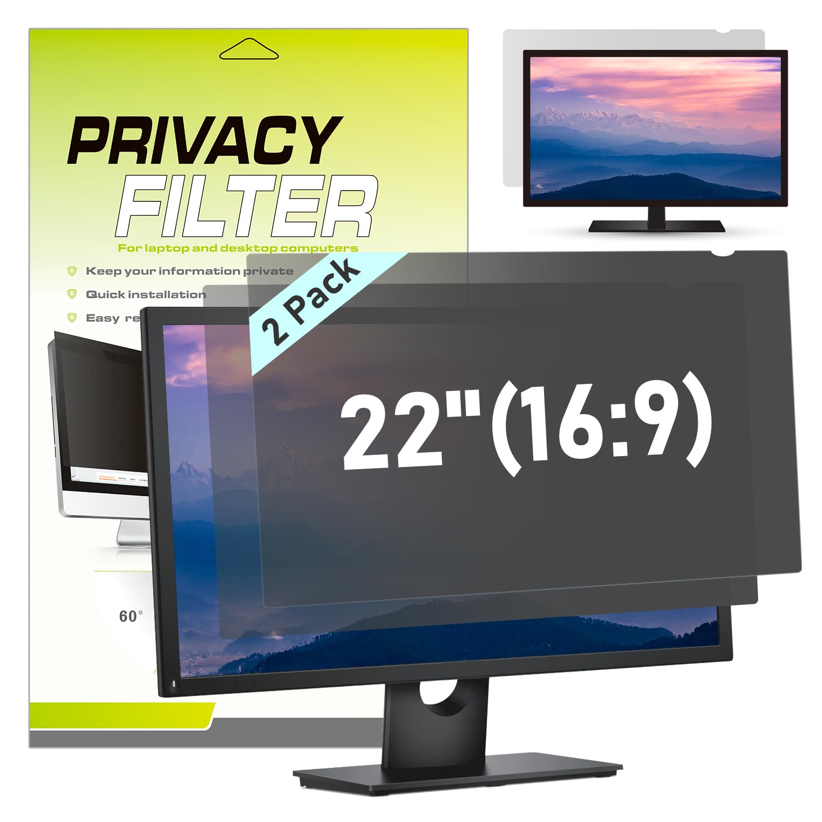 2 Pack 22 Inch Computer Privacy Screen Filter - Anti Spy Anti Glare Protector for 16:9 Widescreen Monitors (19.17