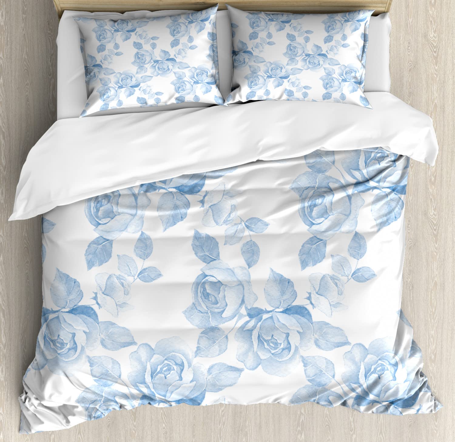 Ambesonne Rose Duvet Cover Set - Faded Floral Pastel Design with 2 Duvet Covers & 4 Pillowcases, Queen Size Bedding Set in Soft Blue & White | Perfect for Spring Bedroom Decor, Guest Room Makeover & Cozy Home Styling
