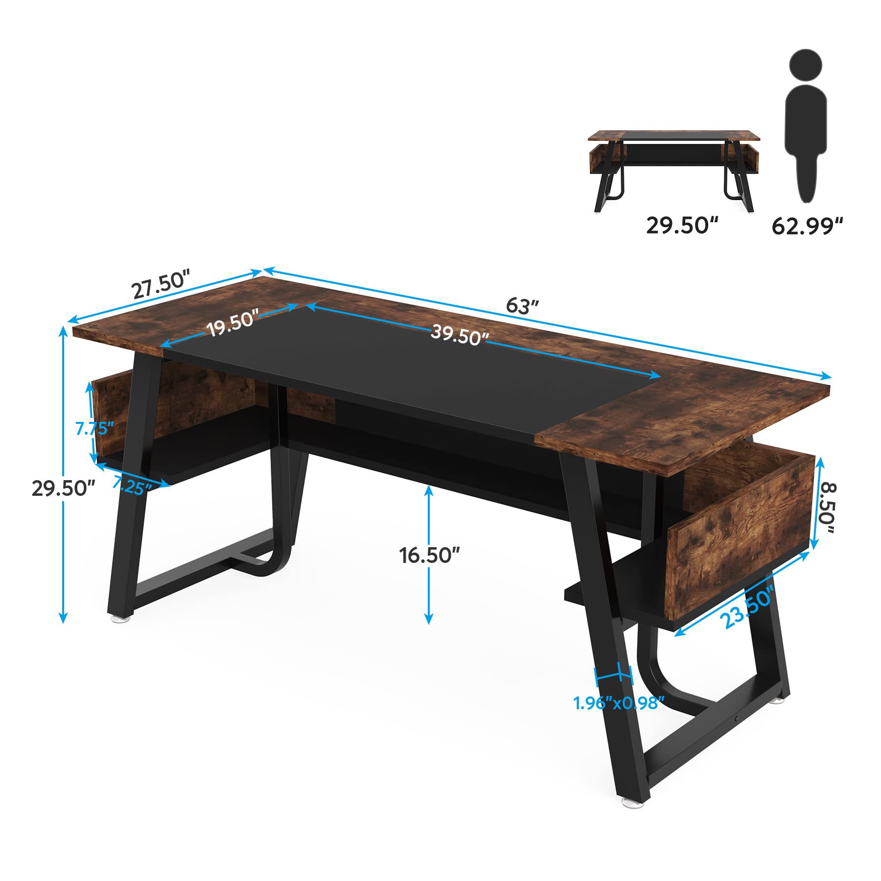 Tribesigns 63 Inch Modern Computer Desk with Storage Shelf - Sturdy Wooden Office Desk with Metal Frame for Home Office, Study, Bedroom | Large Writing Table & Business Workstation (Black Brown) - Perfect for Remote Work, Gaming, and Small Spaces