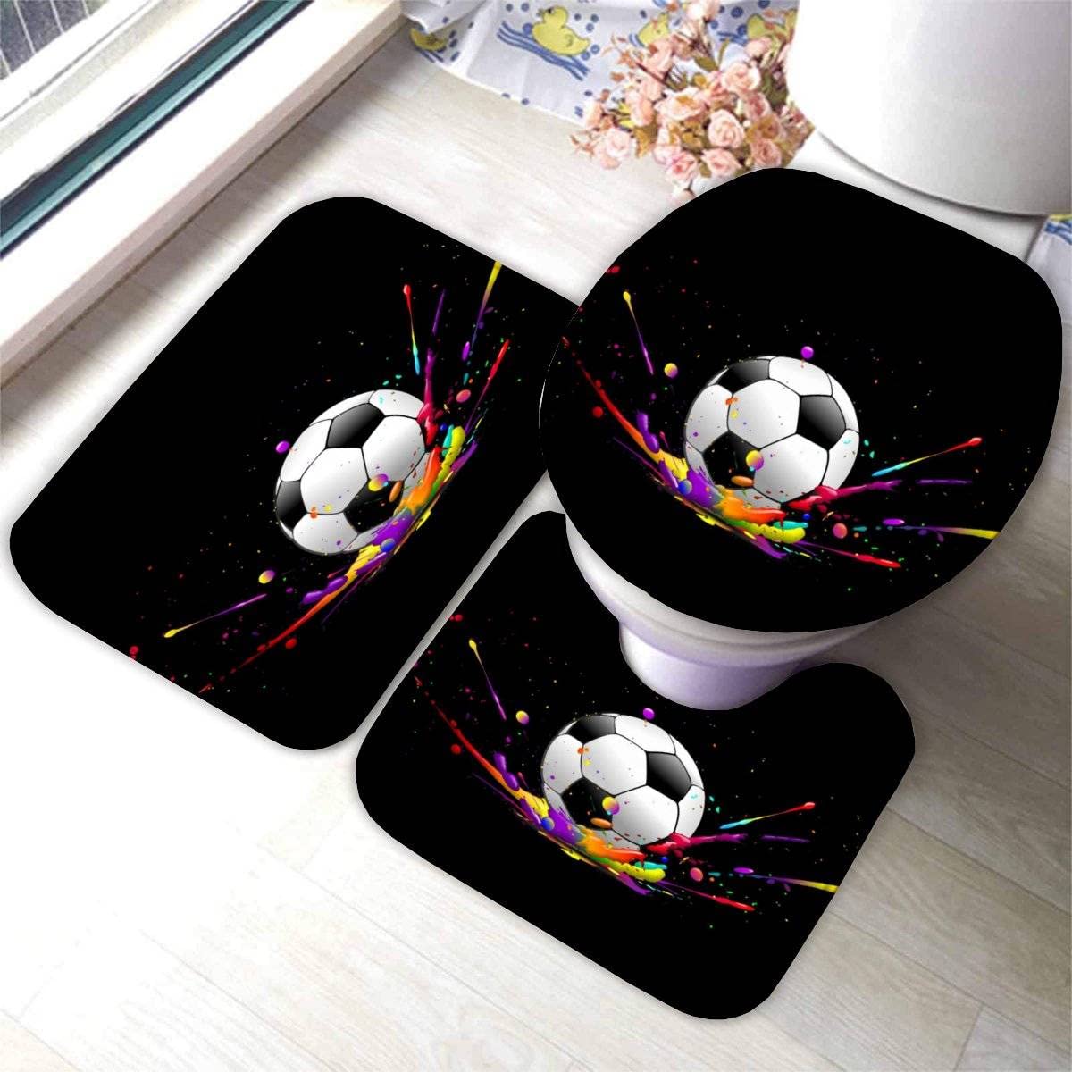 3D Football Bathroom Mat Set - 3-Piece Microfiber Memory Foam Rug (50x80cm) for Home Decor