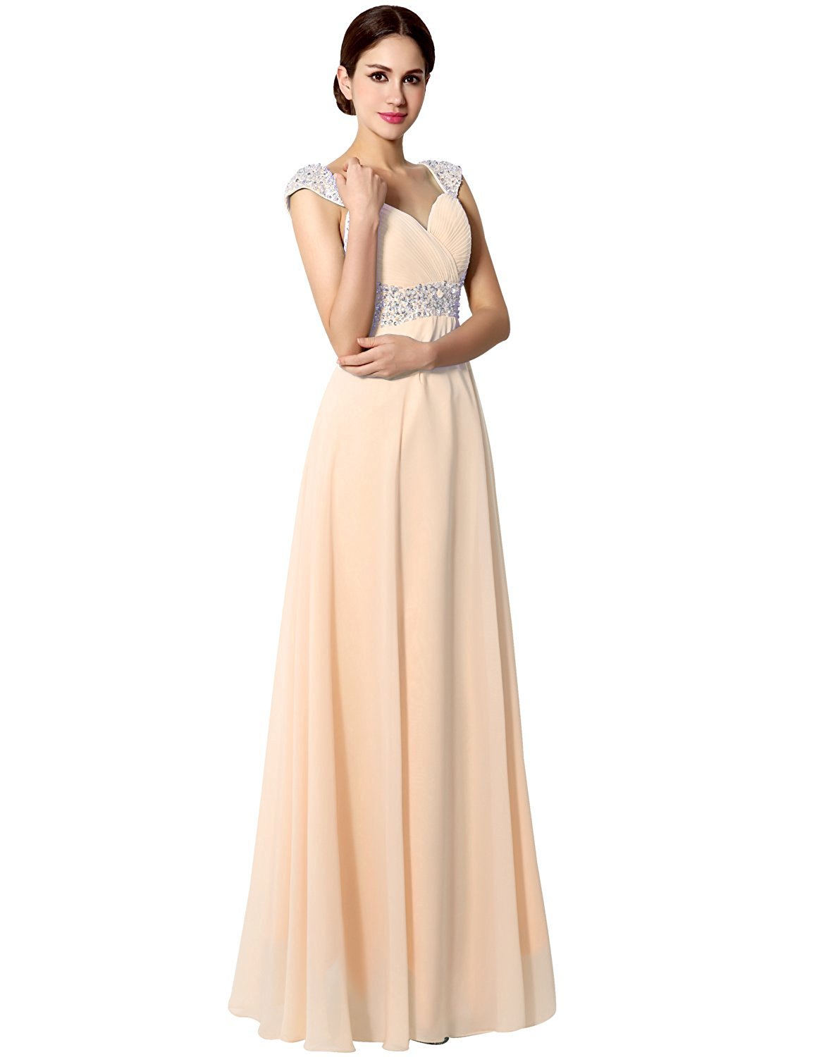 Sarahbridal Women's Chiffon Long Prom Dress with Beaded Sequin - Elegant Cap Sleeve Bridesmaid Gowns for Wedding, Homecoming, Evening Party & Special Occasions