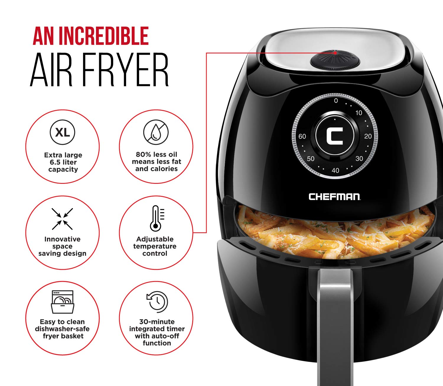 Chefman 6.5 Quart XL Air Fryer Oven - Oil Free Healthy Cooking, 60-Min Timer & Auto Shut Off, Dishwasher Safe BPA-Free, Space Saving Flat Basket - Perfect for Family Meals, Chicken Wings & French Fries