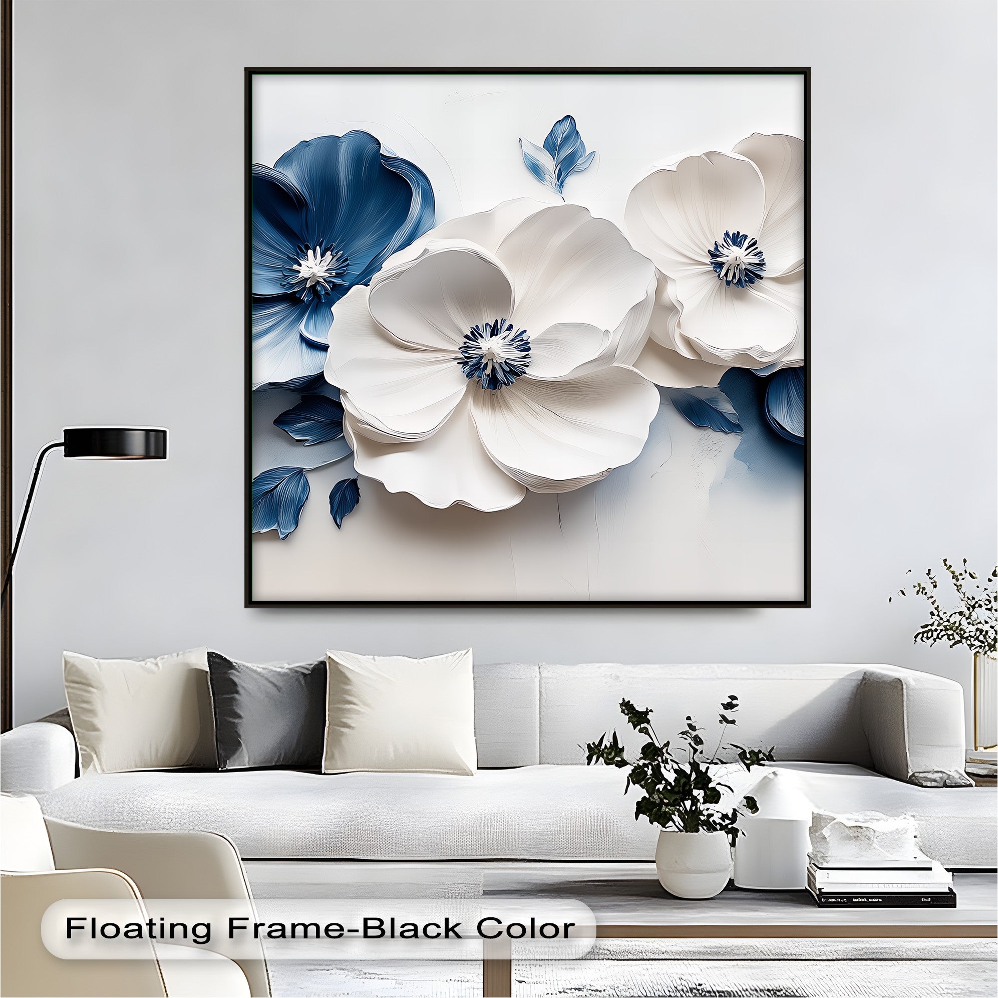 Blue Serenity Blooms Floral Canvas Wall Art - Navy & White Botanical Painting for Living Room, Bedroom Decor | Home & Office Wall Hanging