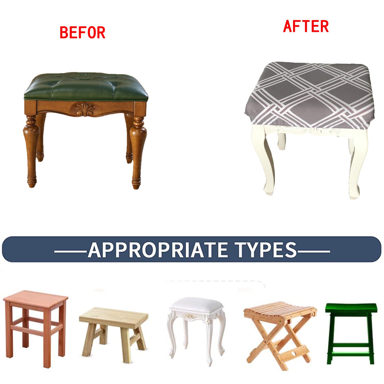 Elastic Rectangle Bar Stool Covers - Stretchable Vanity & Counter Stool Seat Cushion Covers for Kitchen, Dining, and Dressing Room - Fits Square & Saddle Stools (Set of 2) - Waterproof & Non-Slip Home Decor Upgrade