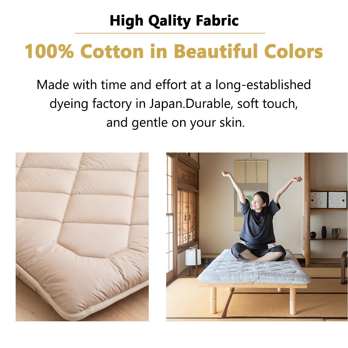 EMOOR Japanese Floor Futon - Anti-Sag Twin-XL 100% Cotton Chip Foam Shikibuton | Foldable Tatami Sleeping Mat for Small Spaces, Guest Bed & Minimalist Home Decor | Made in Japan (Gray)