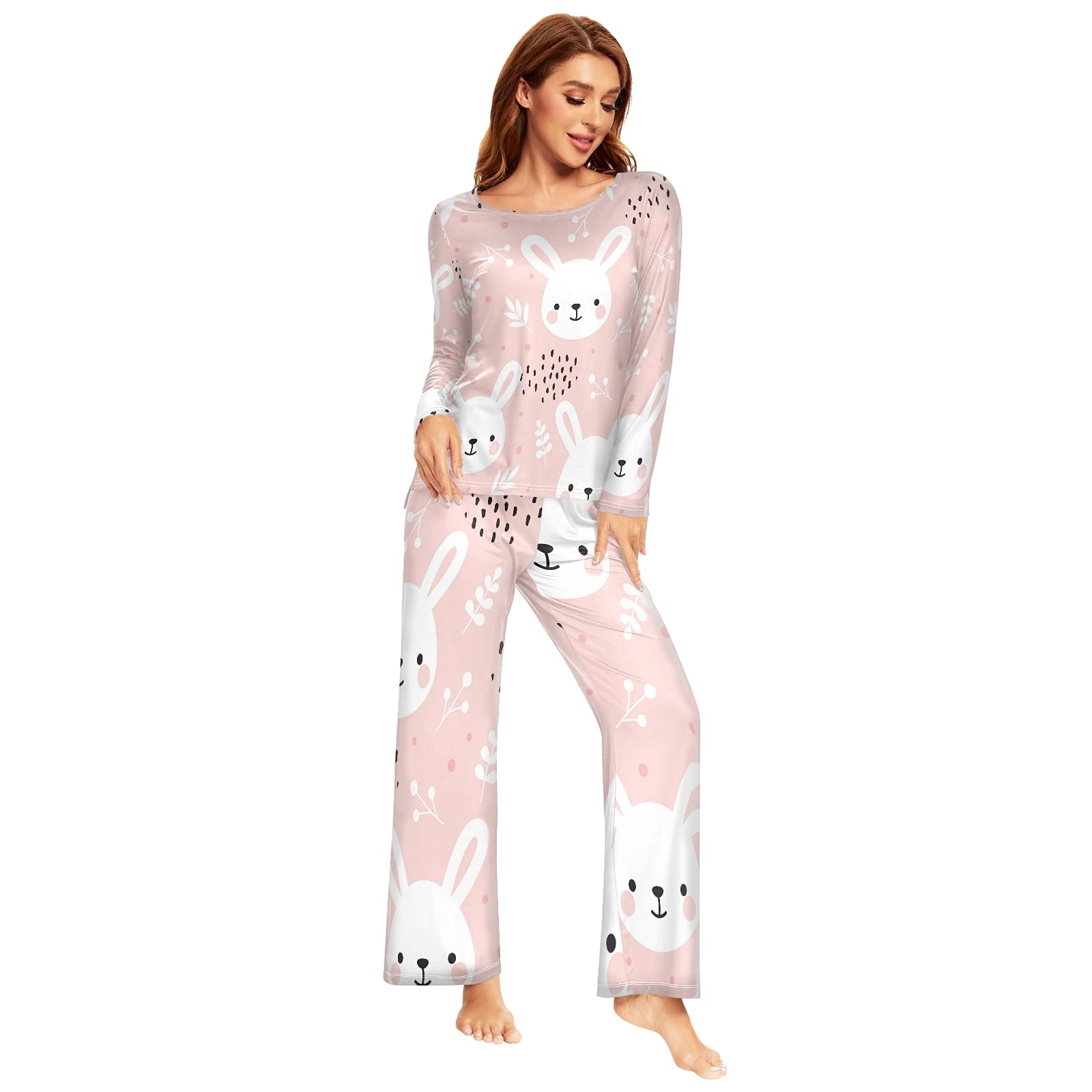 ALAZA Women's Funny Rabbit Bunny Pajama Set - Long Sleeve Sleepwear & Lounge Wear 2-Piece Outfit - Perfect for Sleepovers, Relaxing at Home, and Cozy Nights