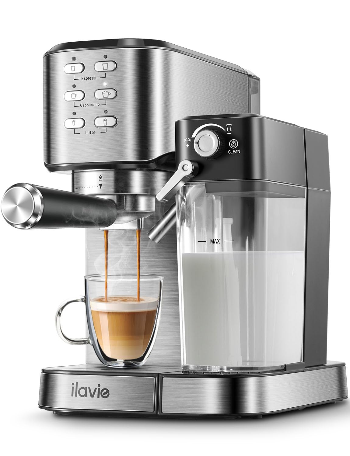 ILAVIE 6-in-1 Espresso Coffee Machine with Built-In Automatic Milk Frother - 20 Bar Pressure for Perfect Espresso, Cappuccino & Latte - 34oz Removable Water Tank - Stainless Steel - Ideal for Home, Office & Coffee Shop Use