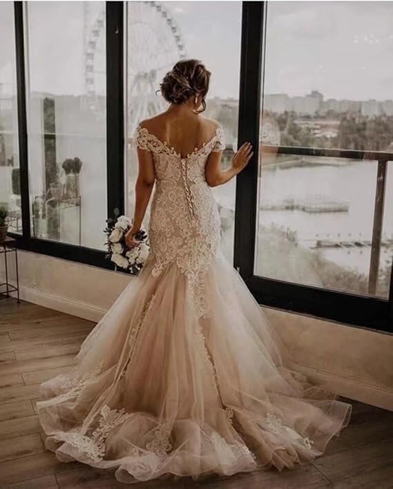 XYAYE Mermaid Wedding Dress for Bride - Off Shoulder Lace Tulle Bridal Gown with Brush Train | Perfect for Beach Weddings, Vow Renewals & Romantic Photoshoots