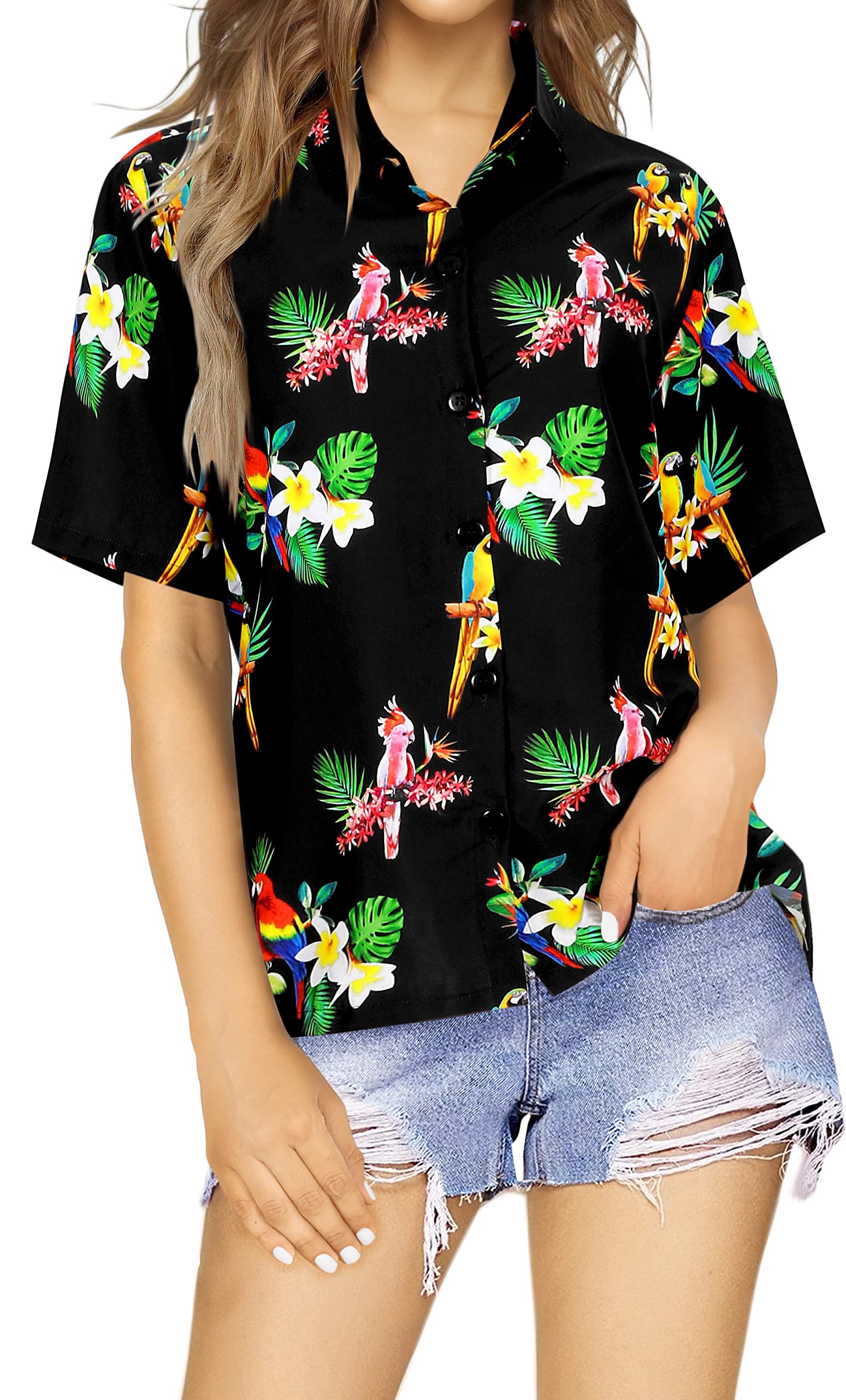 LA LEELA Women's Short Sleeve Hawaiian Shirt - Floral Print Vacation Blouse for Beach, Summer & Casual Wear