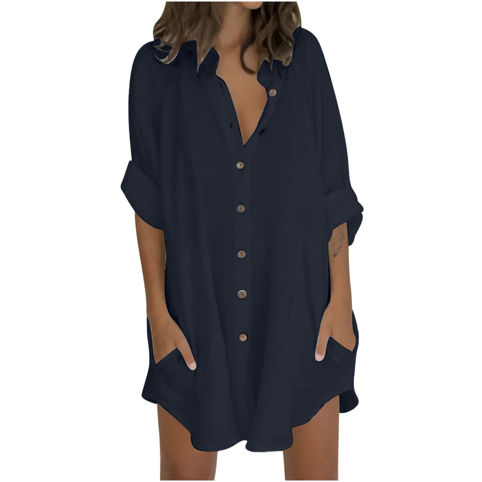 Women's Short Sleeve Patchwork Shirt Dress - Casual Mini Dress with 3/4 Sleeves in Solid Colors - Perfect for Office, Date Night and Summer Outfits